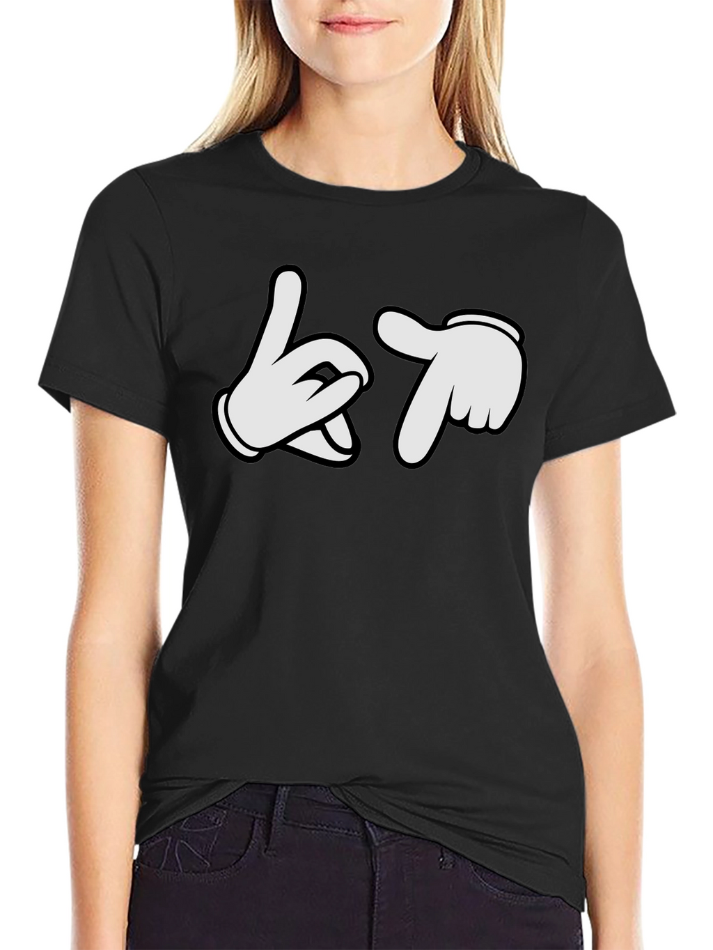 Cartoon Hands Crew Neck Black T-Shirt