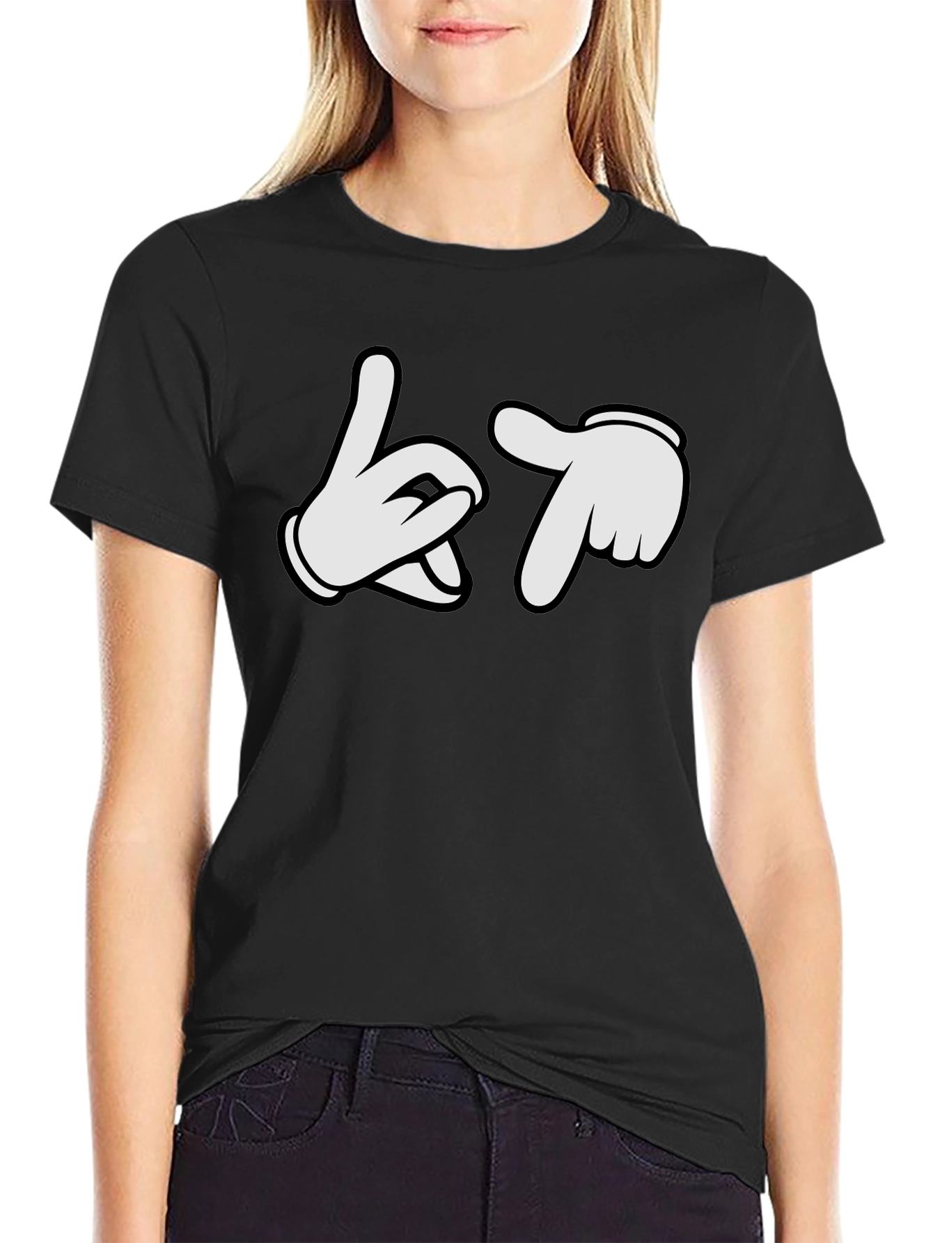 Cartoon Hands Crew Neck Black T-Shirt