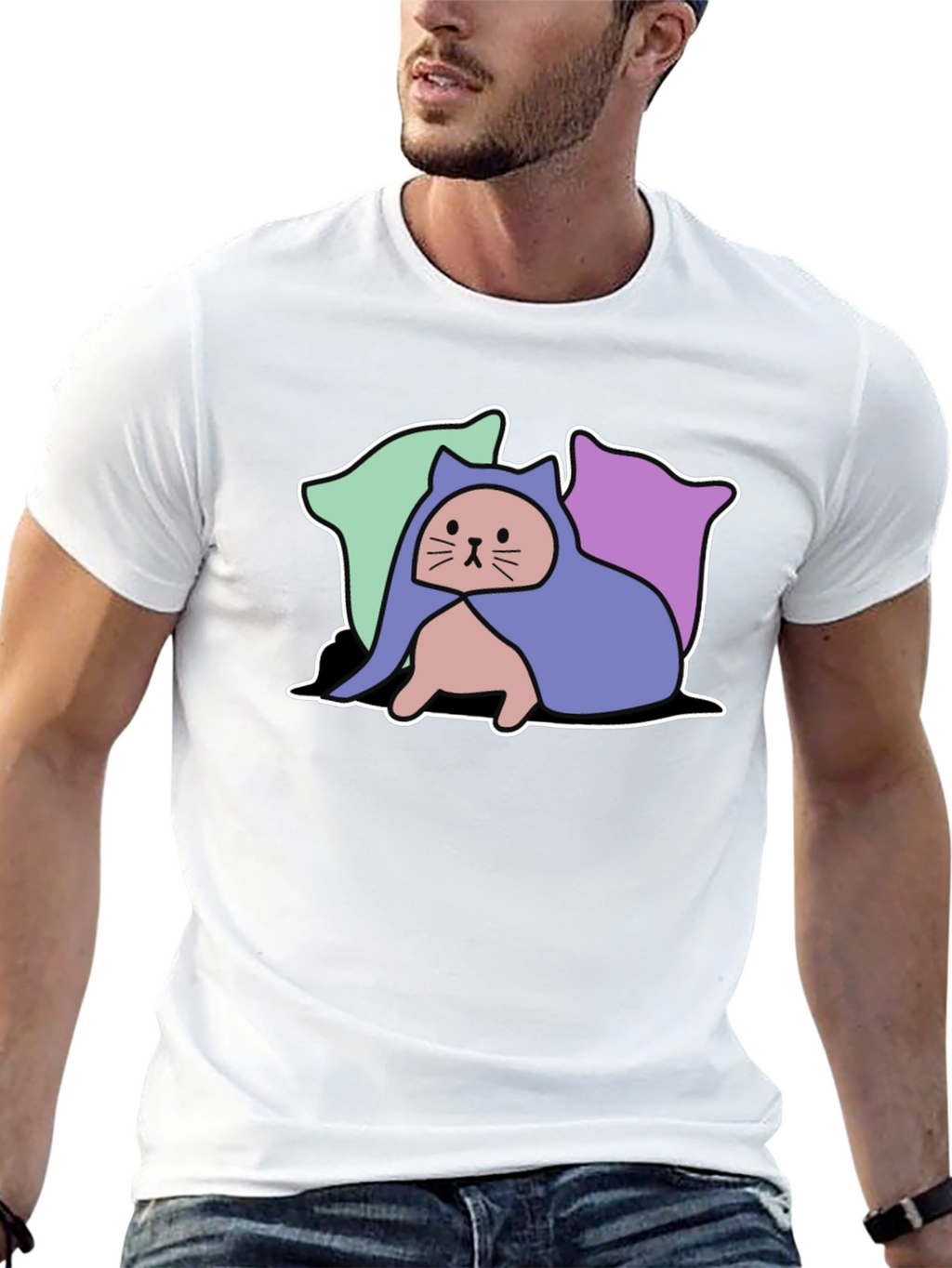 Hooded Cat Tee - Whimsical Graphic T-Shirt