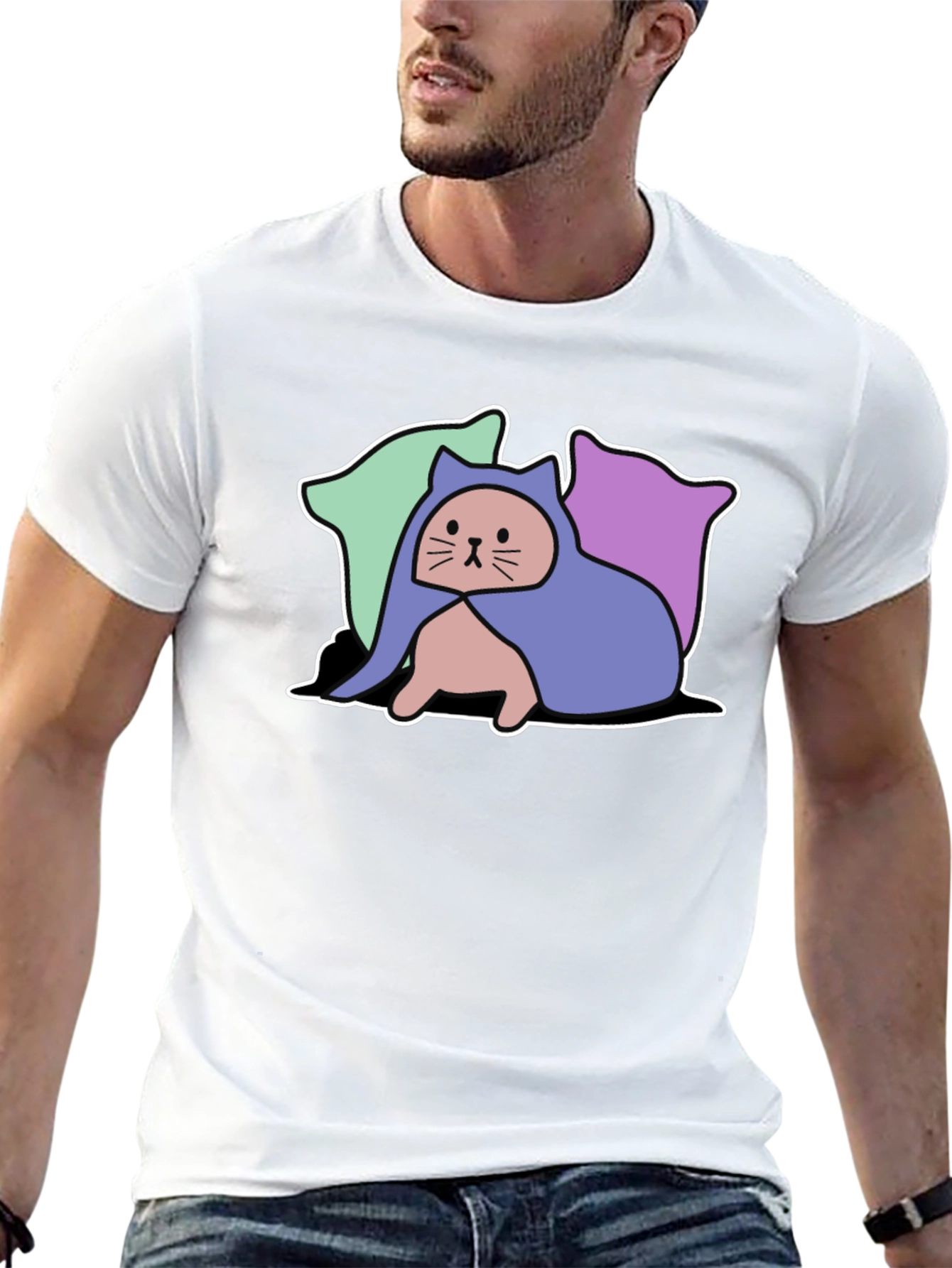 Hooded Cat Tee - Whimsical Graphic T-Shirt