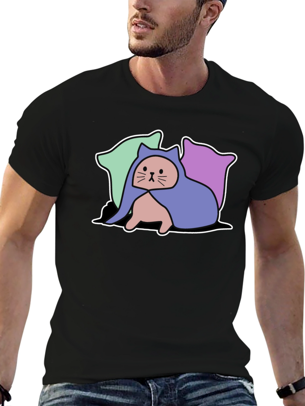 Hooded Cat Tee - Whimsical Graphic T-Shirt