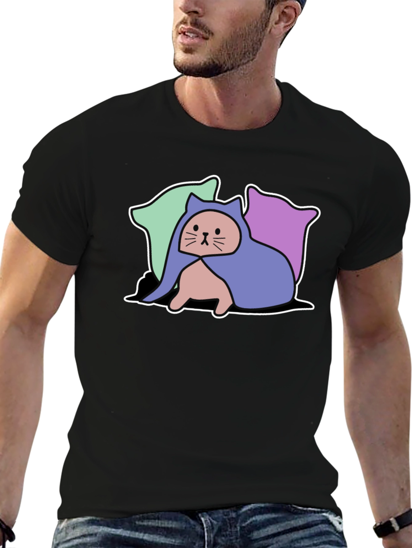 Hooded Cat Tee - Whimsical Graphic T-Shirt
