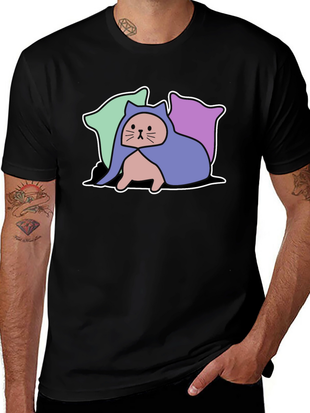 Hooded Cat Tee - Whimsical Graphic T-Shirt