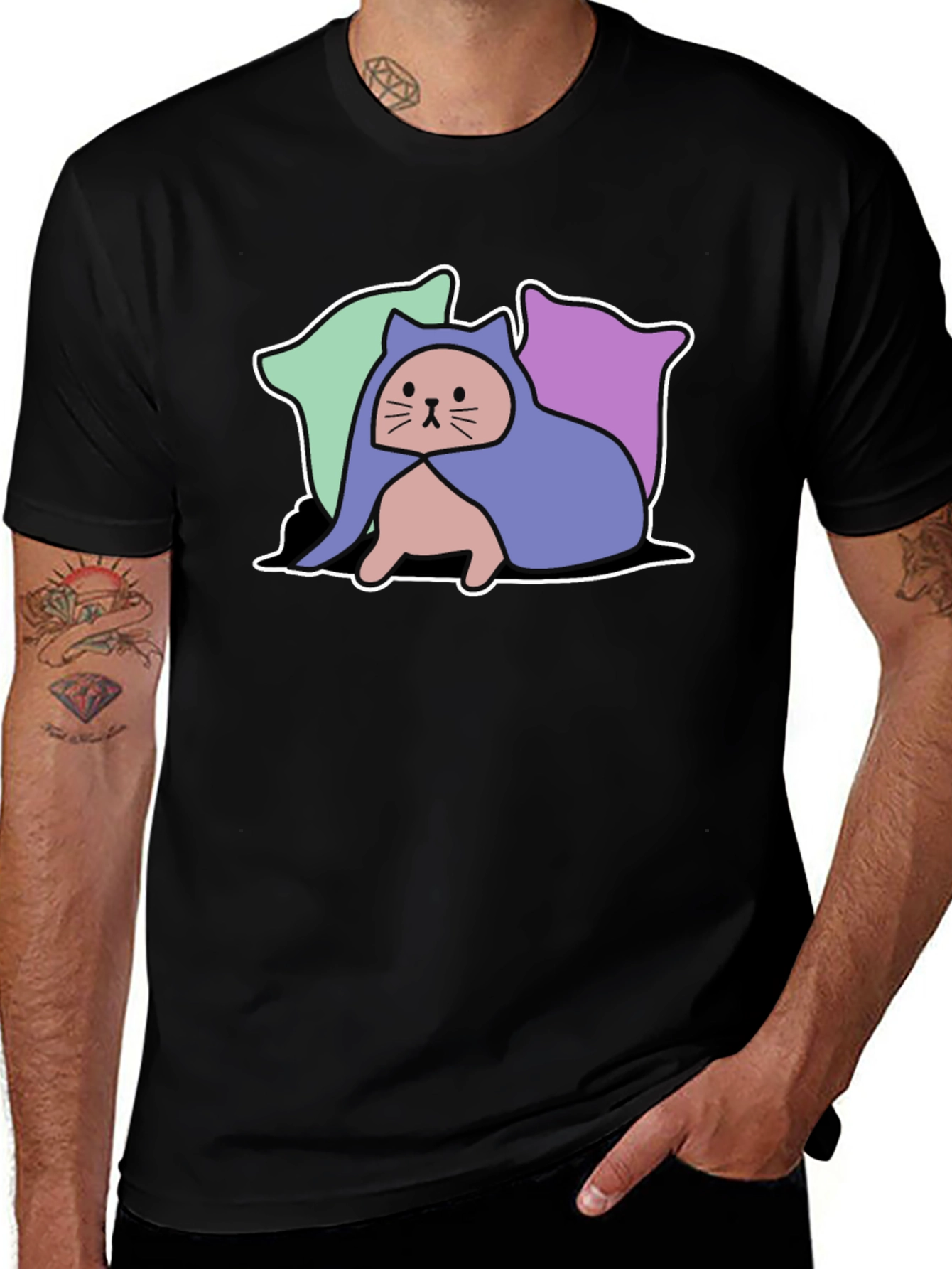 Hooded Cat Tee - Whimsical Graphic T-Shirt