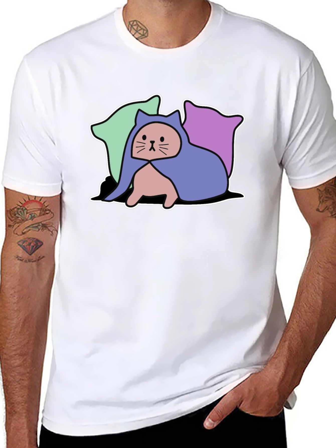 Hooded Cat Tee - Whimsical Graphic T-Shirt