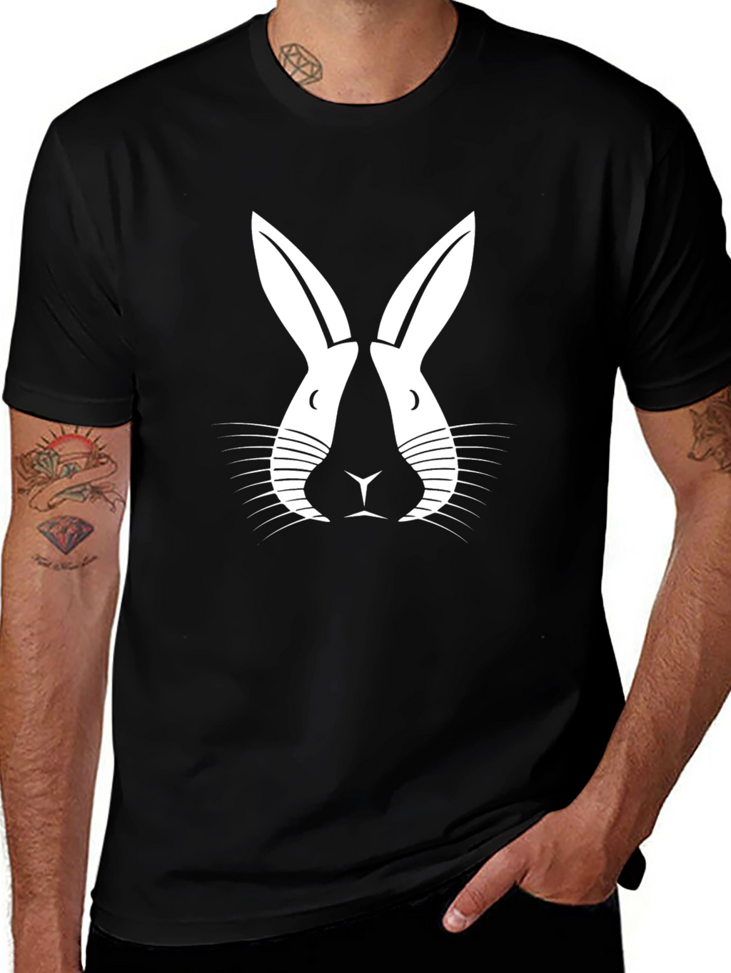 Black T-Shirt with Abstract Rabbit Design