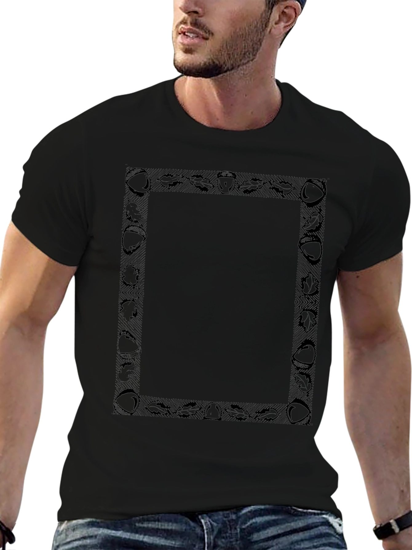Autumn Acorn & Leaf Frame Black T-Shirt