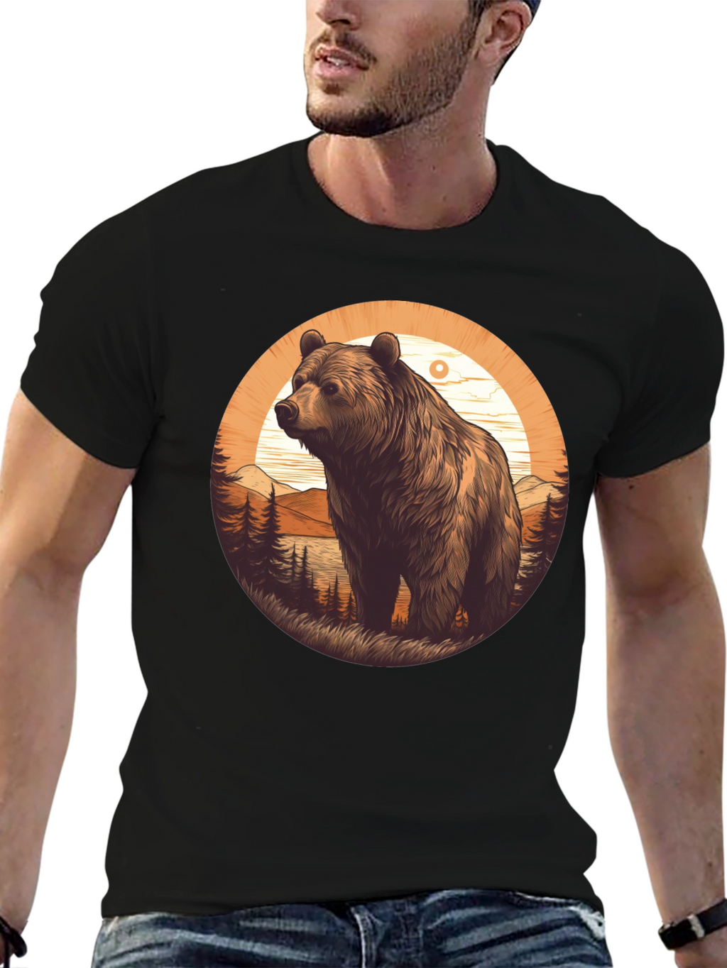 Bear Graphic T-Shirt - Black Nature Design