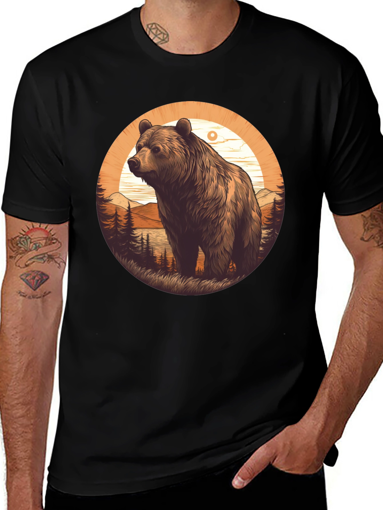 Bear Graphic T-Shirt - Black Nature Design