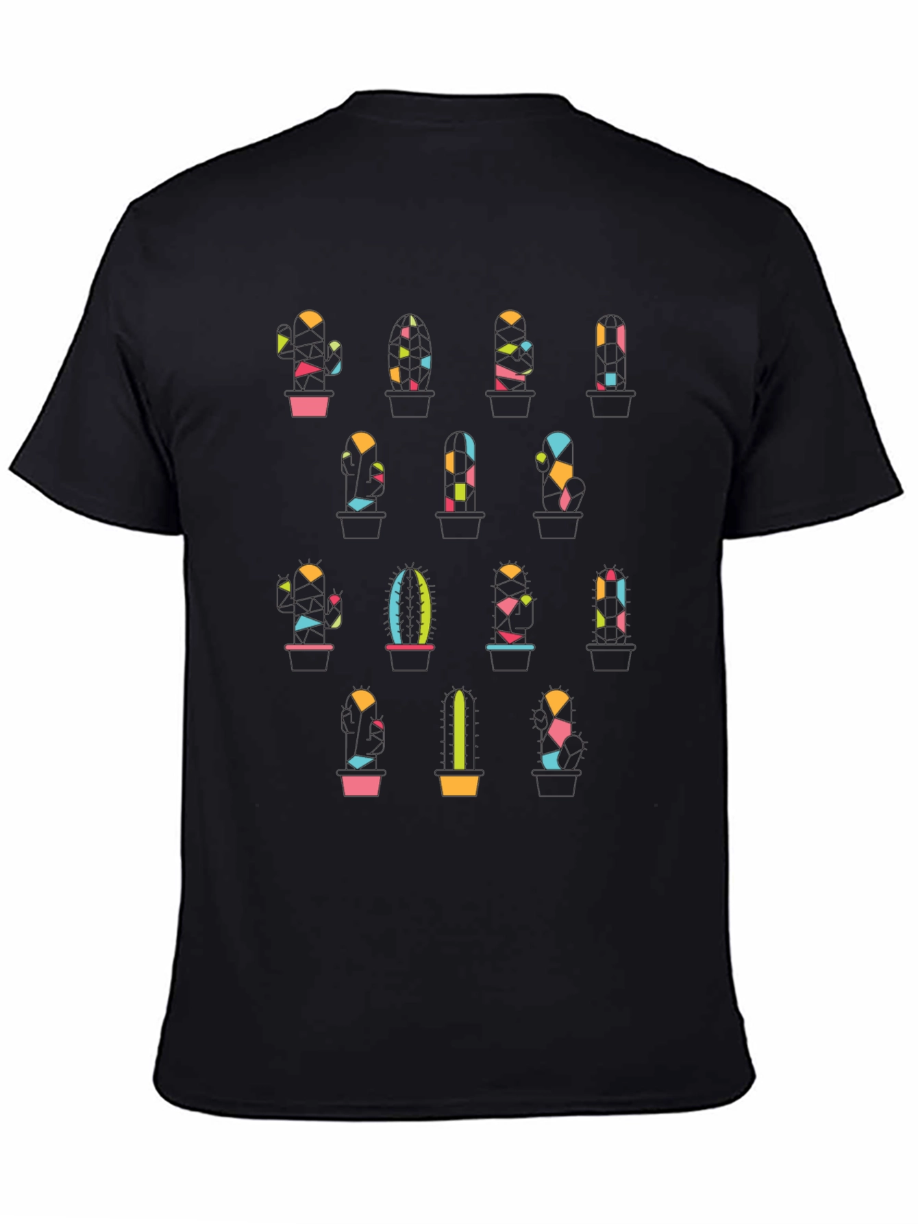 Geometric Cactus Print Black T-Shirt