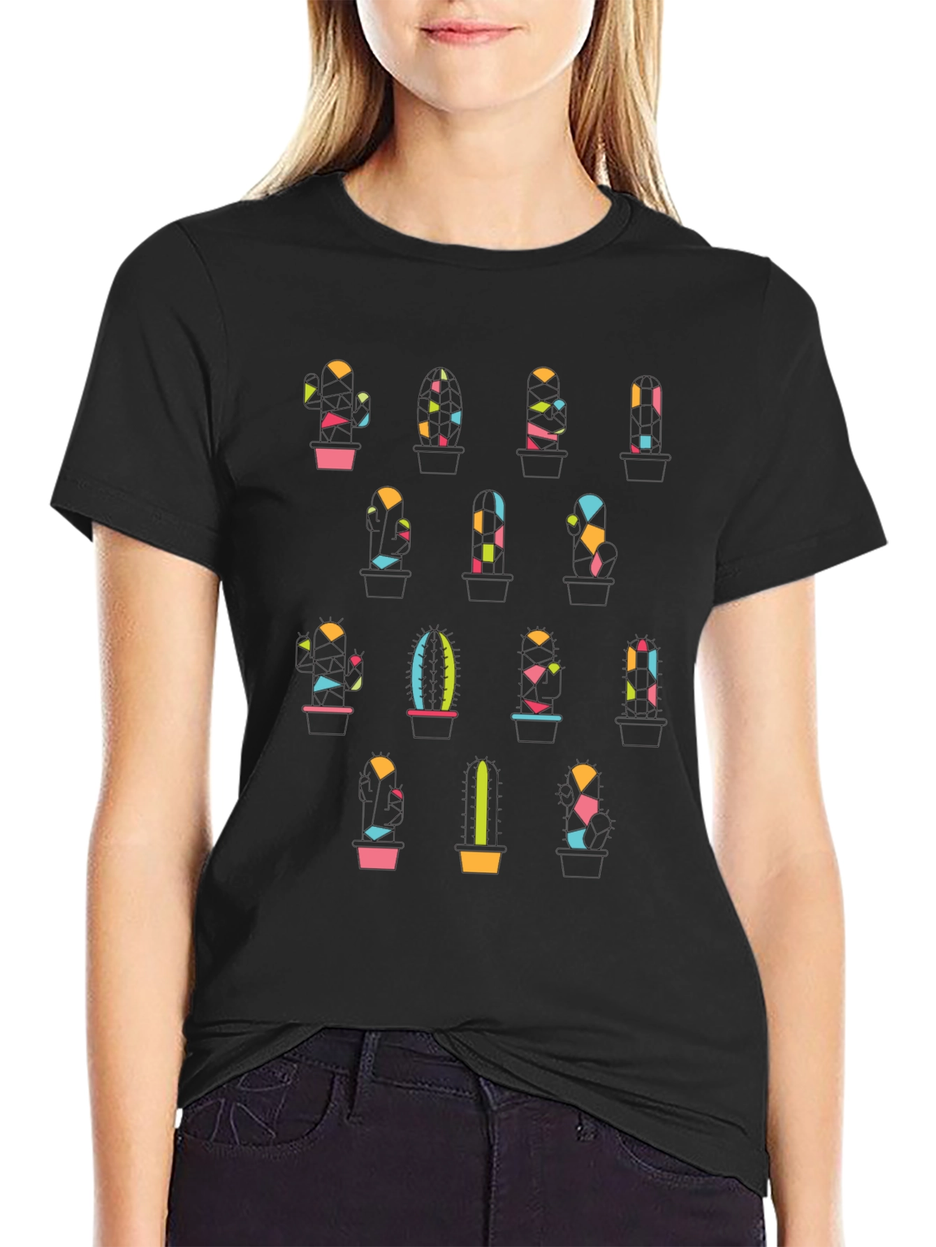 Geometric Cactus Print Black T-Shirt