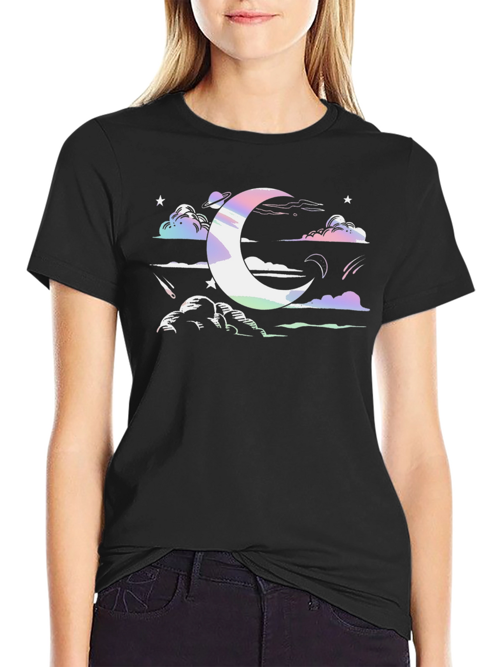 Cosmic Crescent Moon Black T-Shirt
