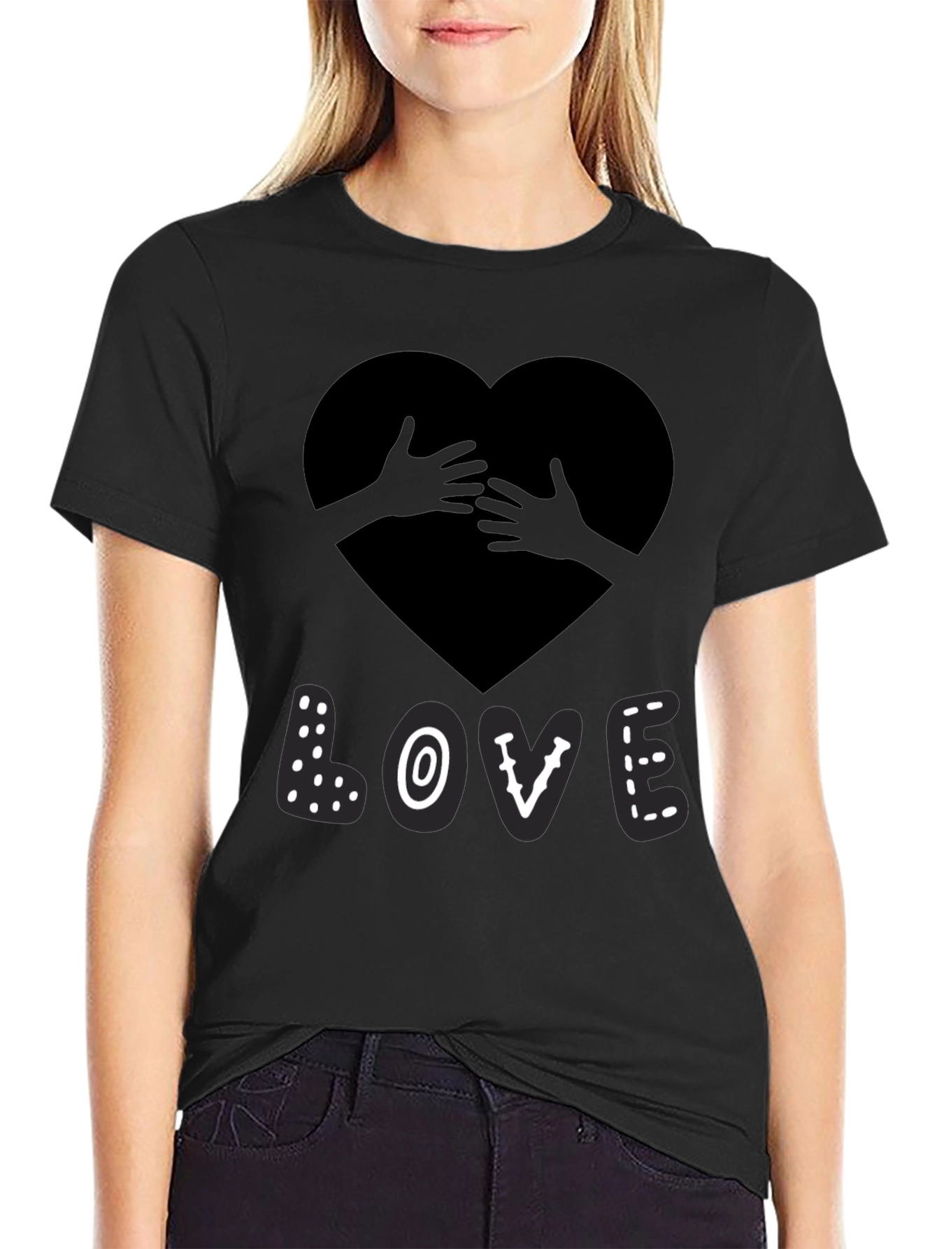 Love Heart Hands Graphic Print Black T-Shirt