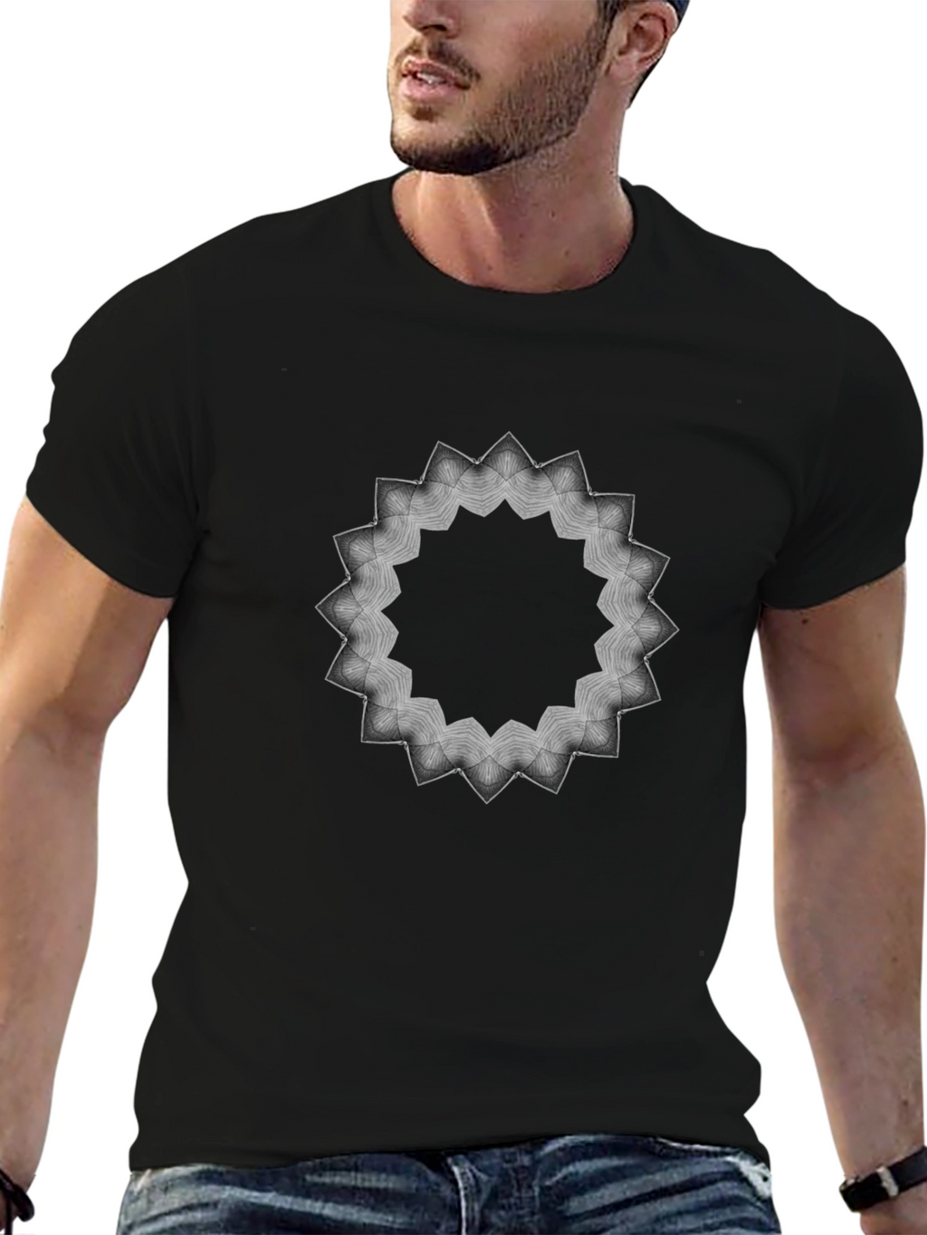 Geometric Mandala Graphic Print Mens Black T-Shirt