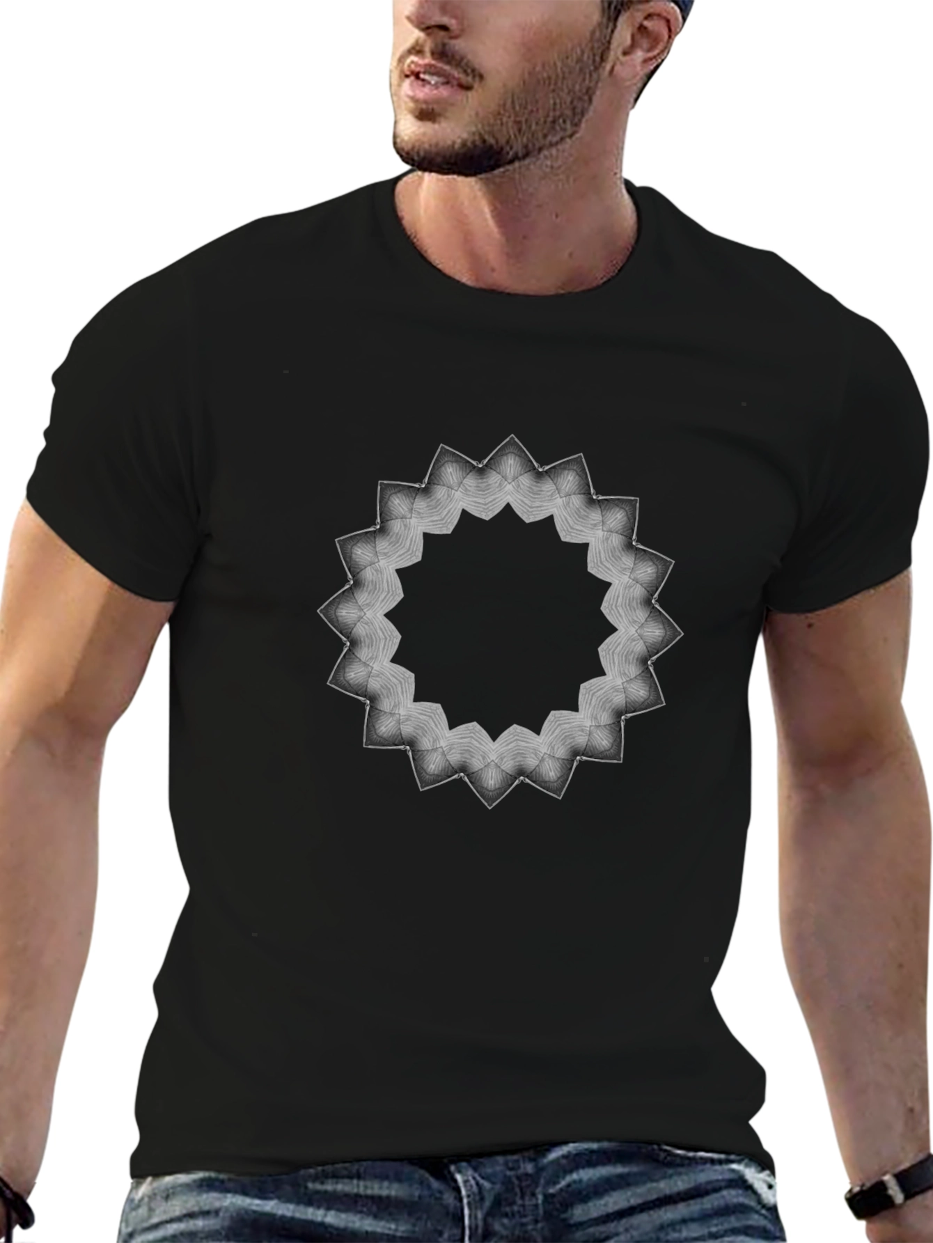 Geometric Mandala Graphic Print Mens Black T-Shirt