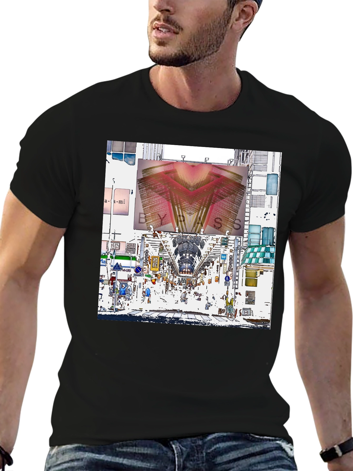 Abstract Cityscape Graphic Tee - Black