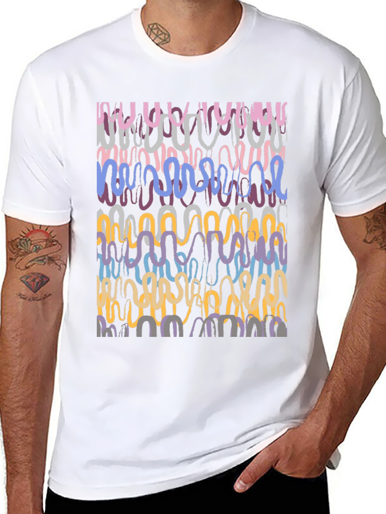 Abstract Wavy Line Art Graphic Tee - Black Cotton Casual Shirt