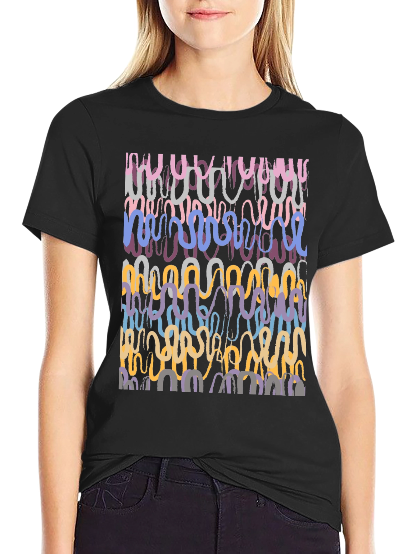 Abstract Wavy Line Art Graphic Tee - Black Cotton Casual Shirt