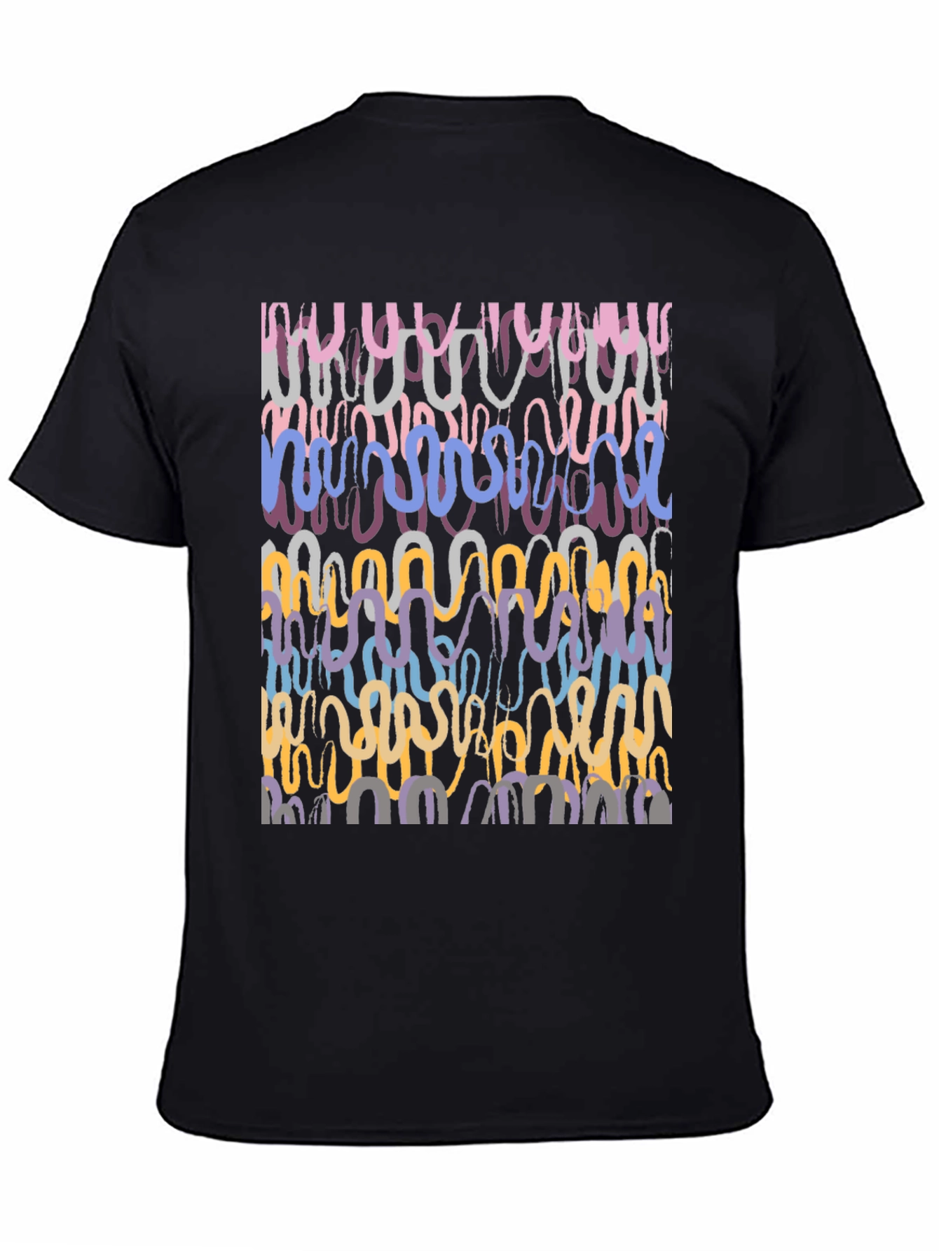 Abstract Wavy Line Art Graphic Tee - Black Cotton Casual Shirt