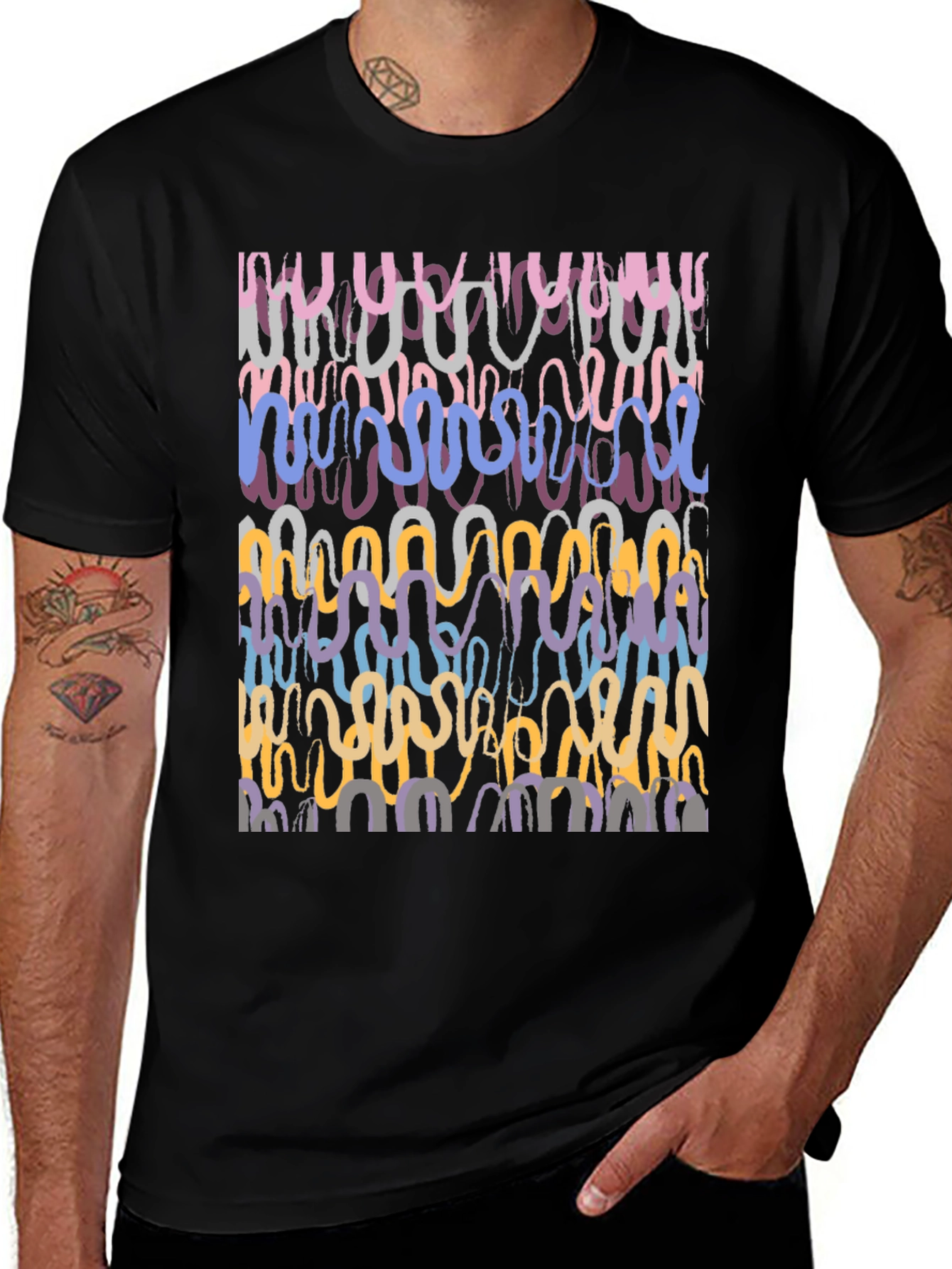 Abstract Wavy Line Art Graphic Tee - Black Cotton Casual Shirt
