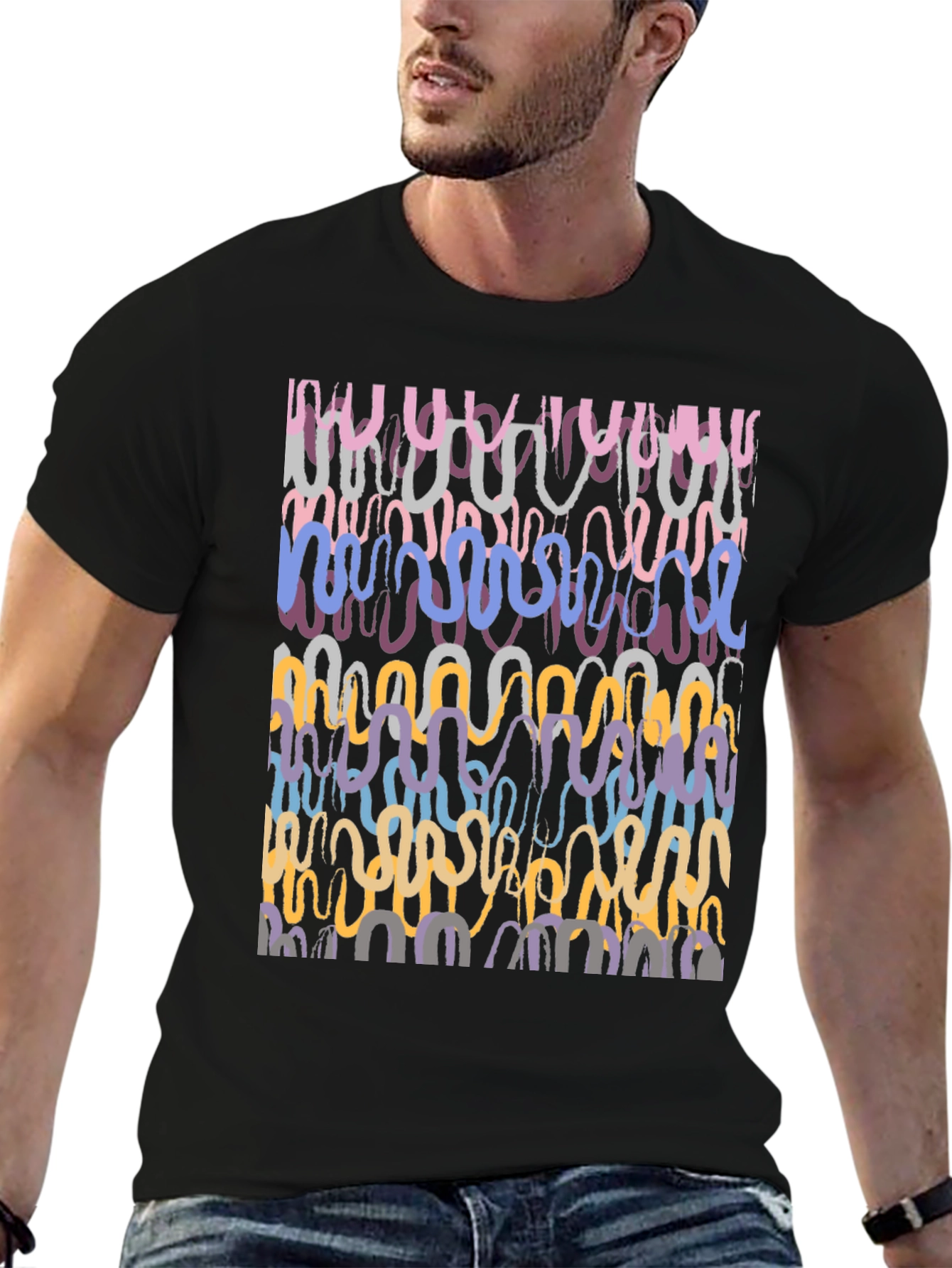 Abstract Wavy Line Art Graphic Tee - Black Cotton Casual Shirt