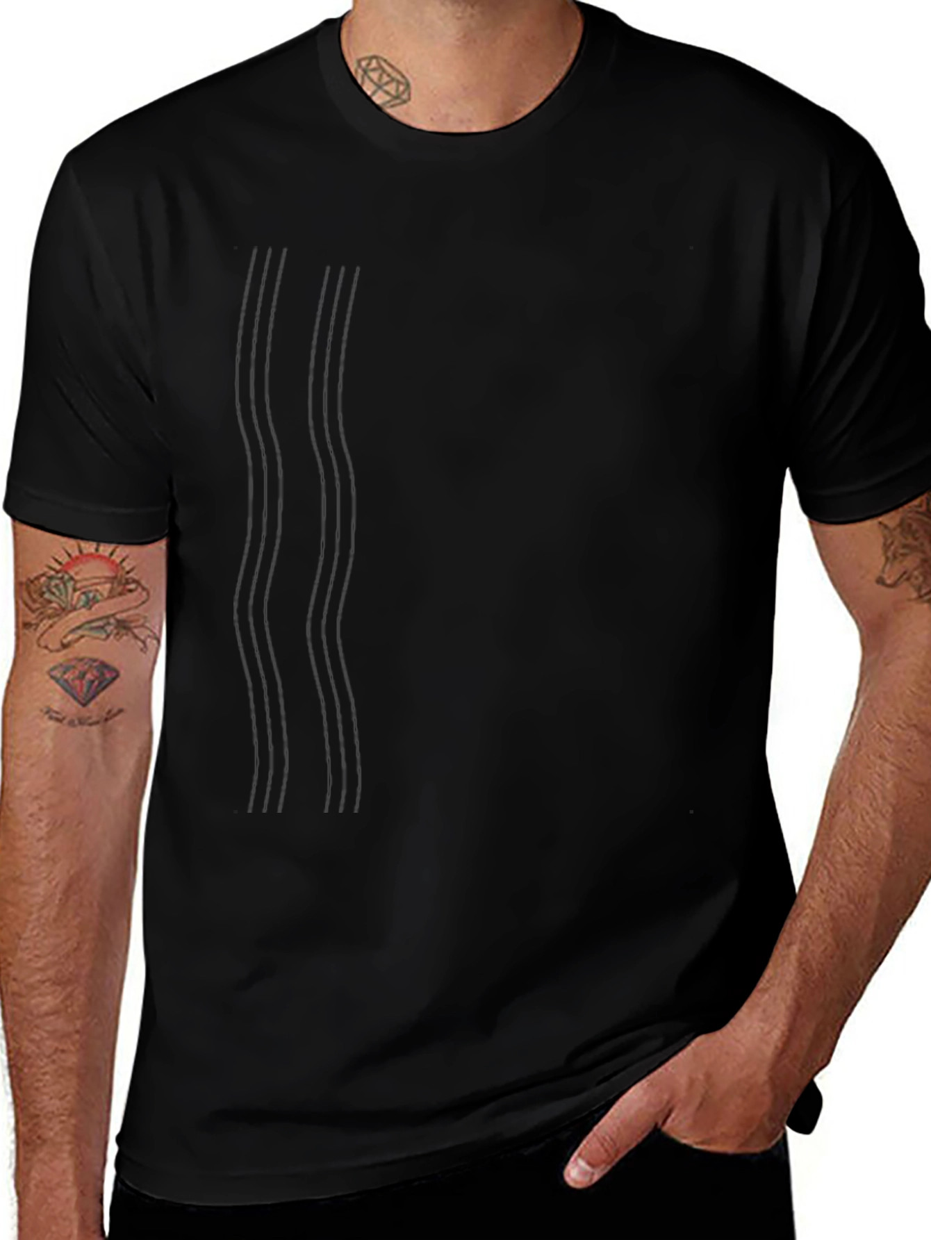 Mens Black Crew Neck T-Shirt with Subtle Line Design