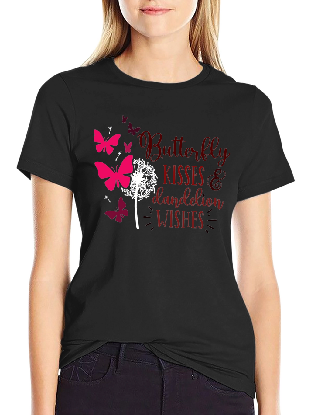 Butterfly Kisses Dandelion Wishes Black T-Shirt