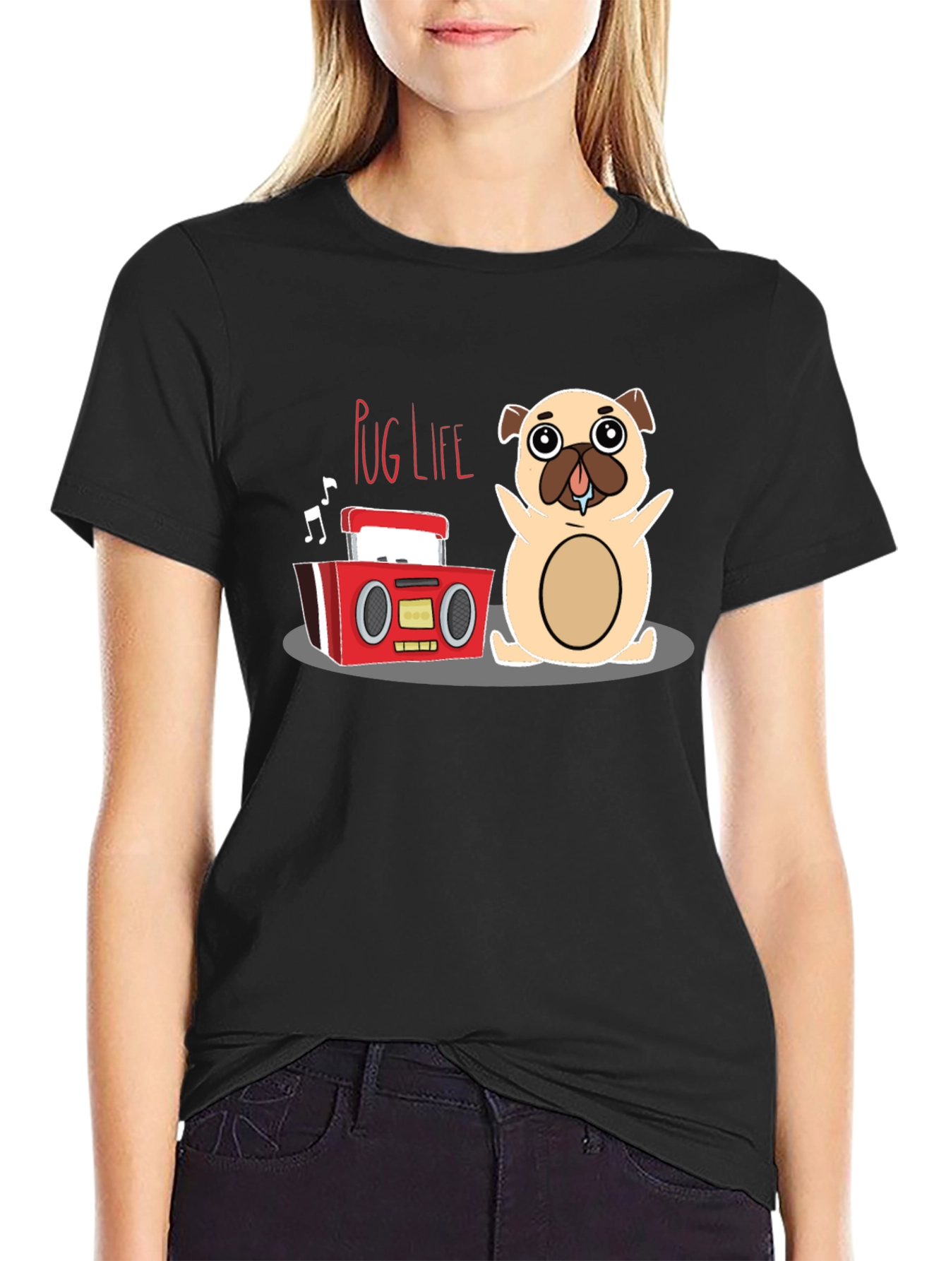 Pug Life Graphic Tee - Cute Cartoon Dog & Boombox Design