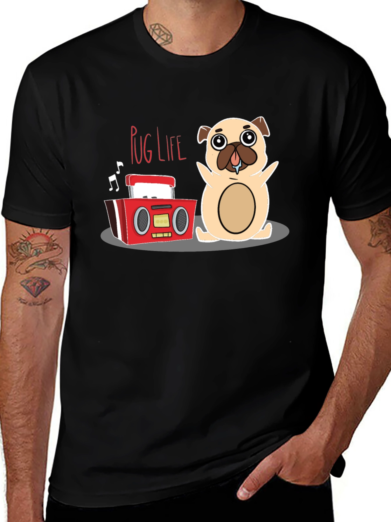 Pug Life Graphic Tee - Cute Cartoon Dog & Boombox Design