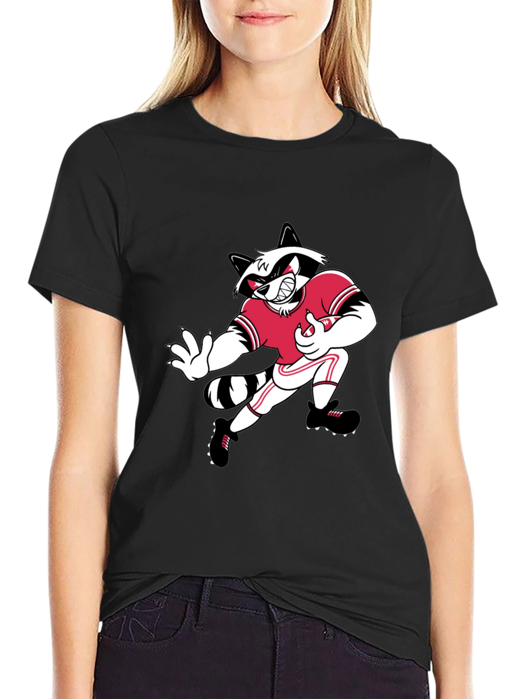 Cartoon Raccoon Football Player Black T-Shirt