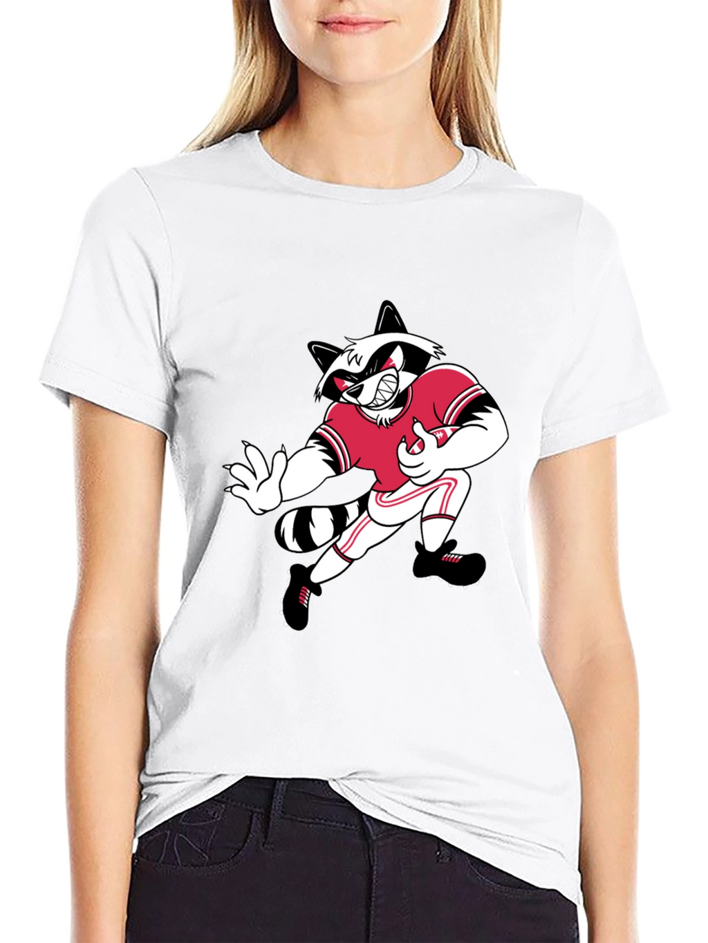 Cartoon Raccoon Football Player Black T-Shirt
