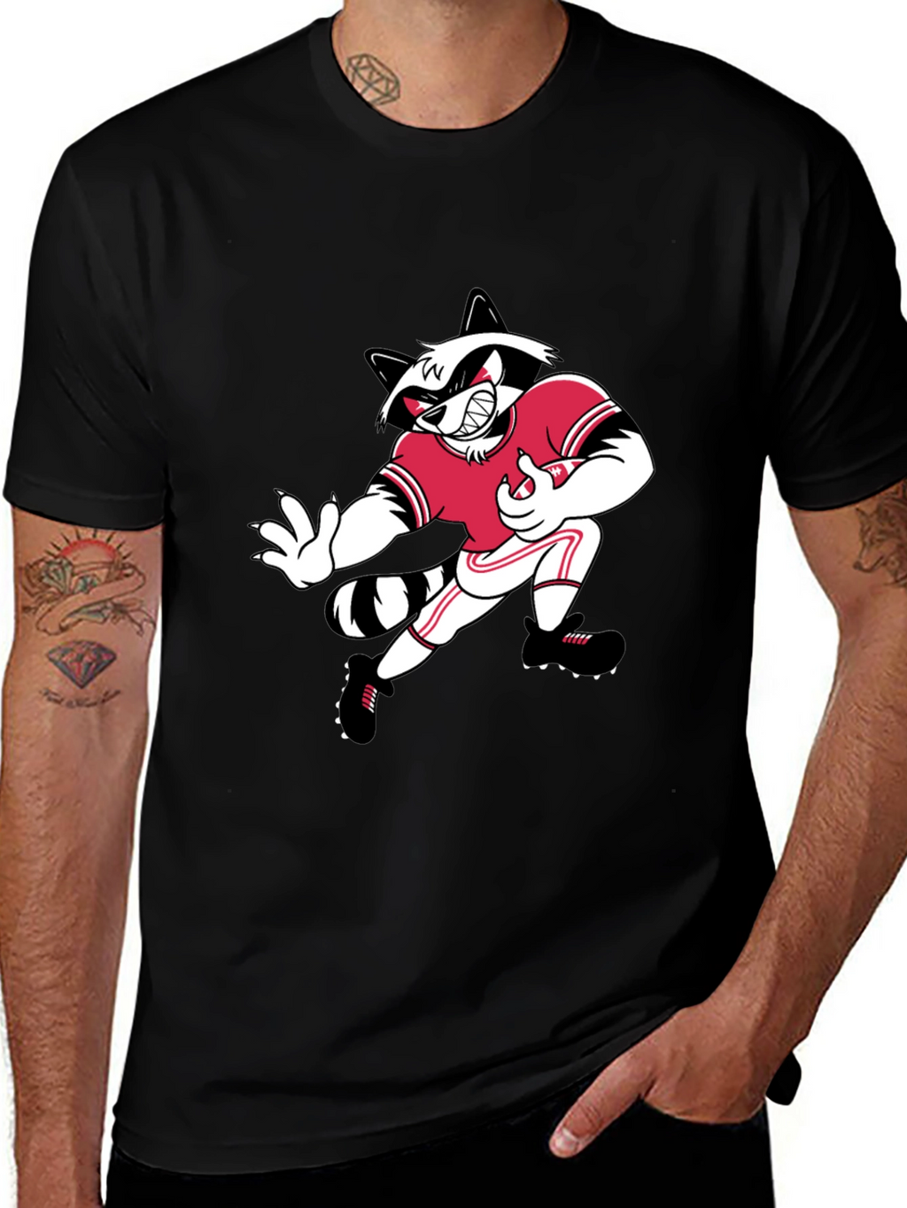 Cartoon Raccoon Football Player Black T-Shirt