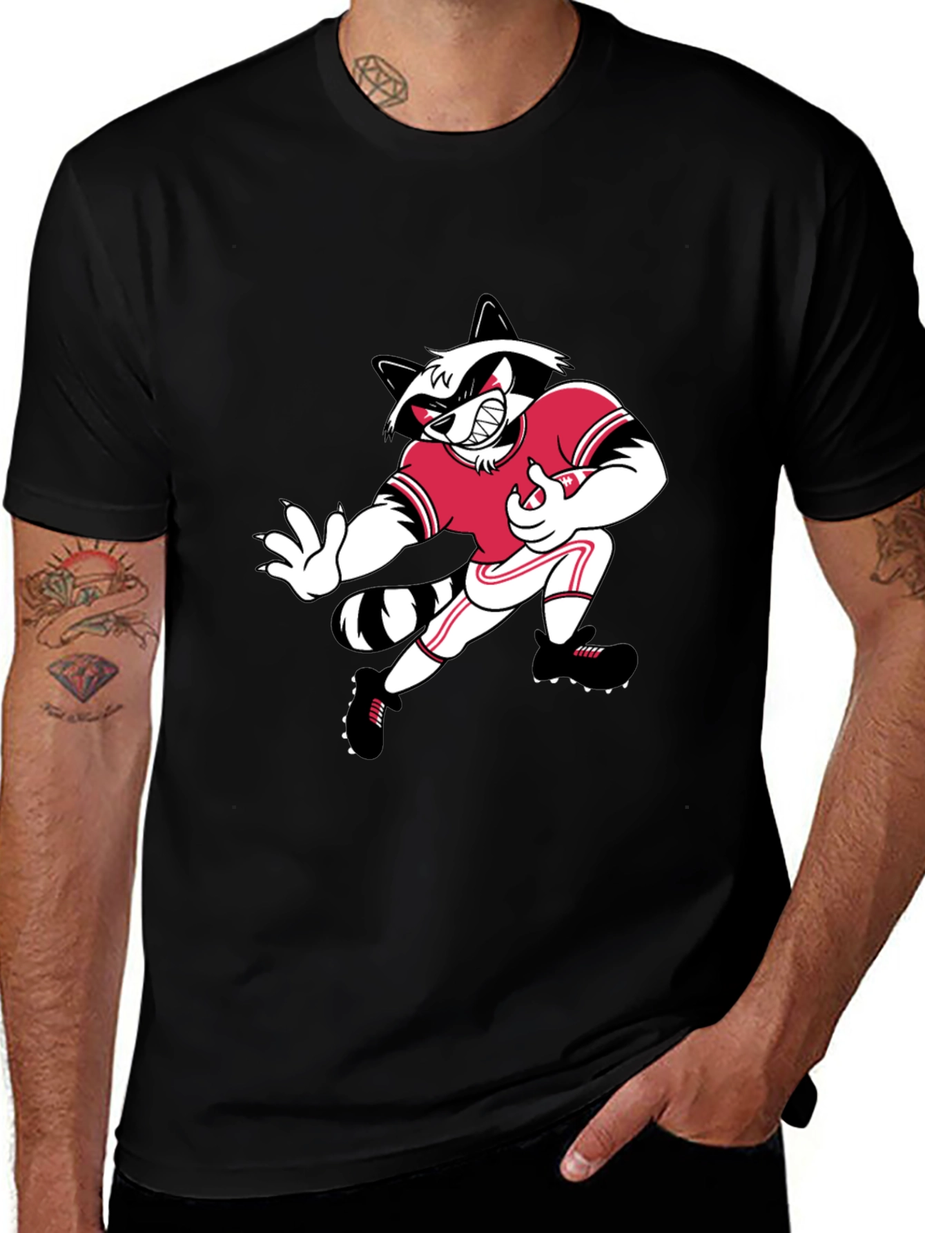Cartoon Raccoon Football Player Black T-Shirt