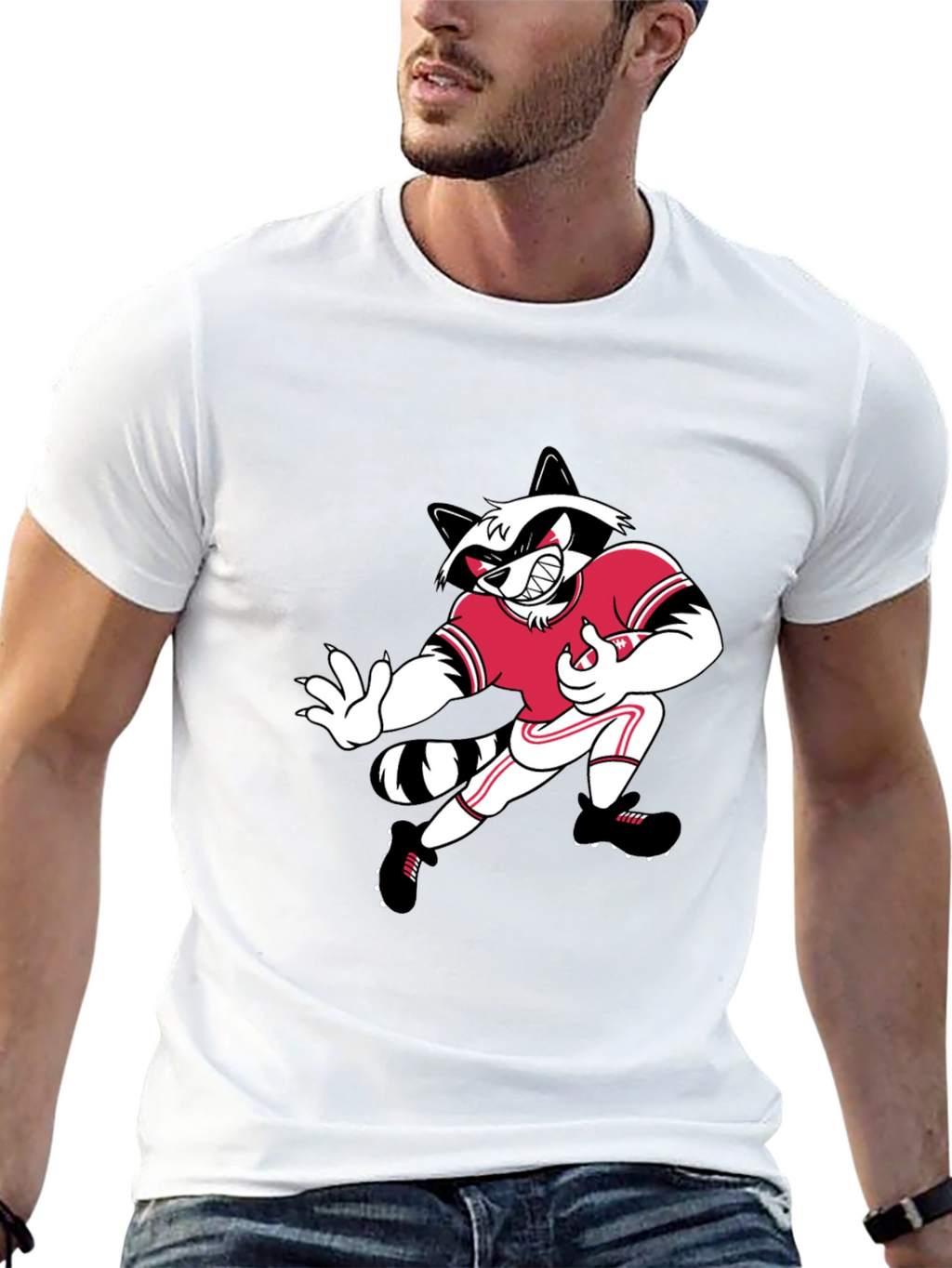 Cartoon Raccoon Football Player Black T-Shirt