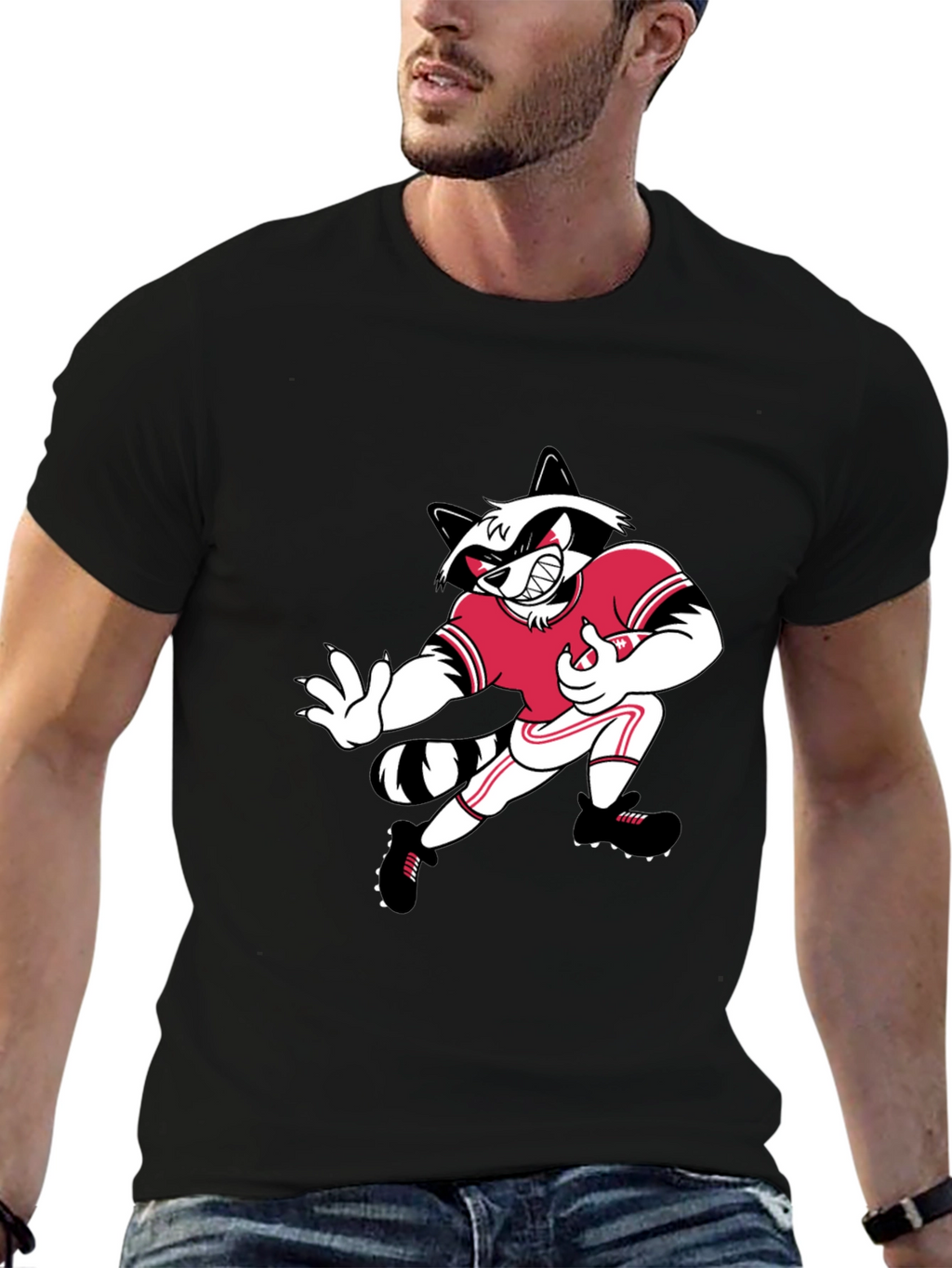 Cartoon Raccoon Football Player Black T-Shirt