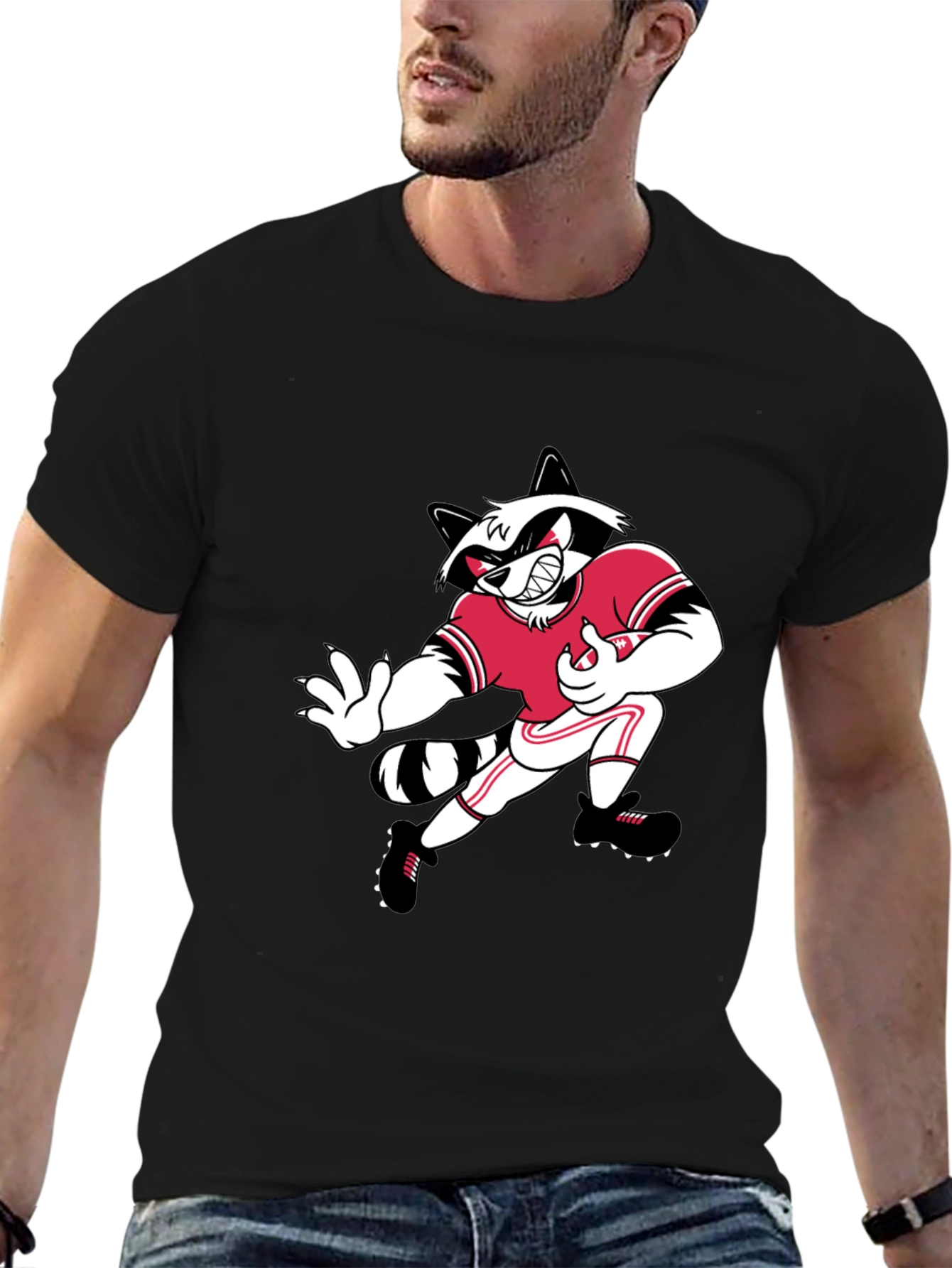 Cartoon Raccoon Football Player Black T-Shirt