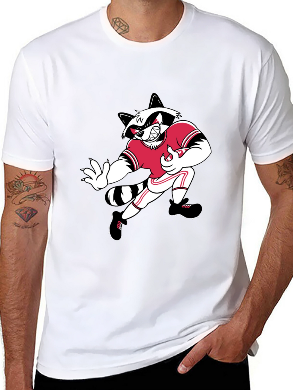 Cartoon Raccoon Football Player Black T-Shirt