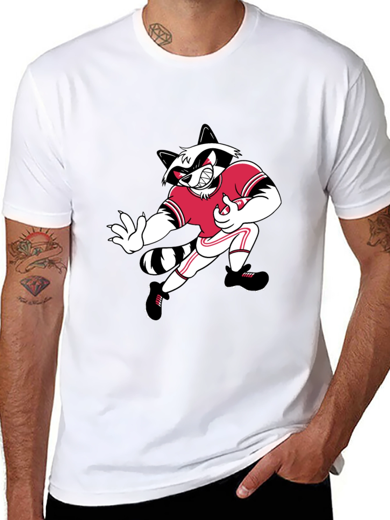 Cartoon Raccoon Football Player Black T-Shirt