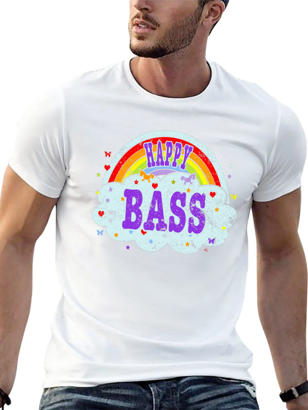 Happy Bass T-Shirt Rainbow Cloud Design