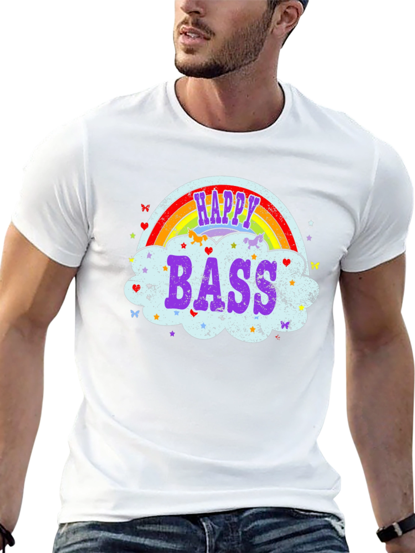 Happy Bass T-Shirt Rainbow Cloud Design