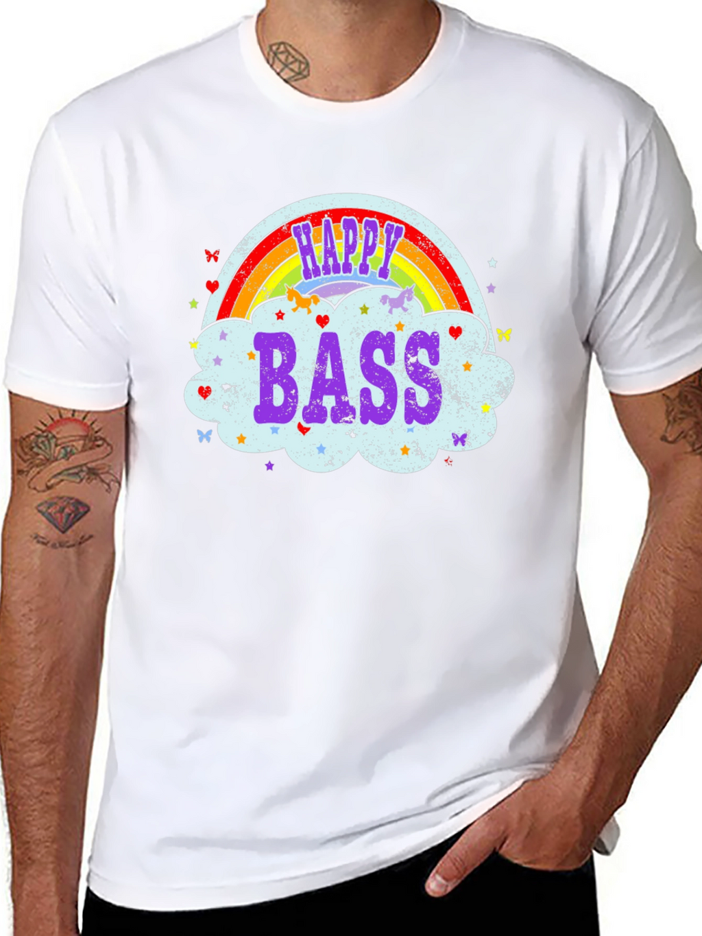 Happy Bass T-Shirt Rainbow Cloud Design