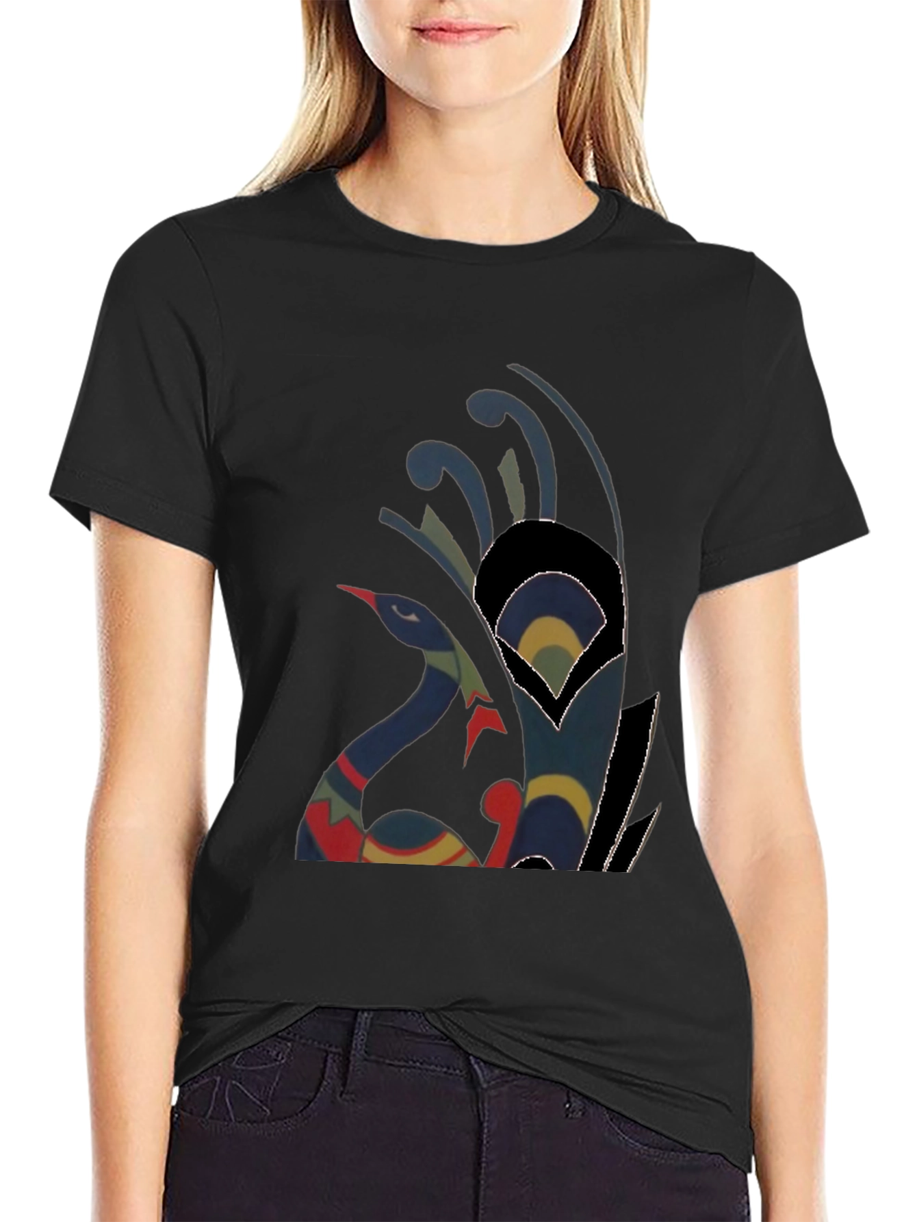 Abstract Peacock Graphic Tee - Casual Black T-Shirt