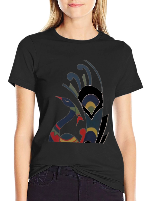 Abstract Peacock Graphic Tee - Casual Black T-Shirt