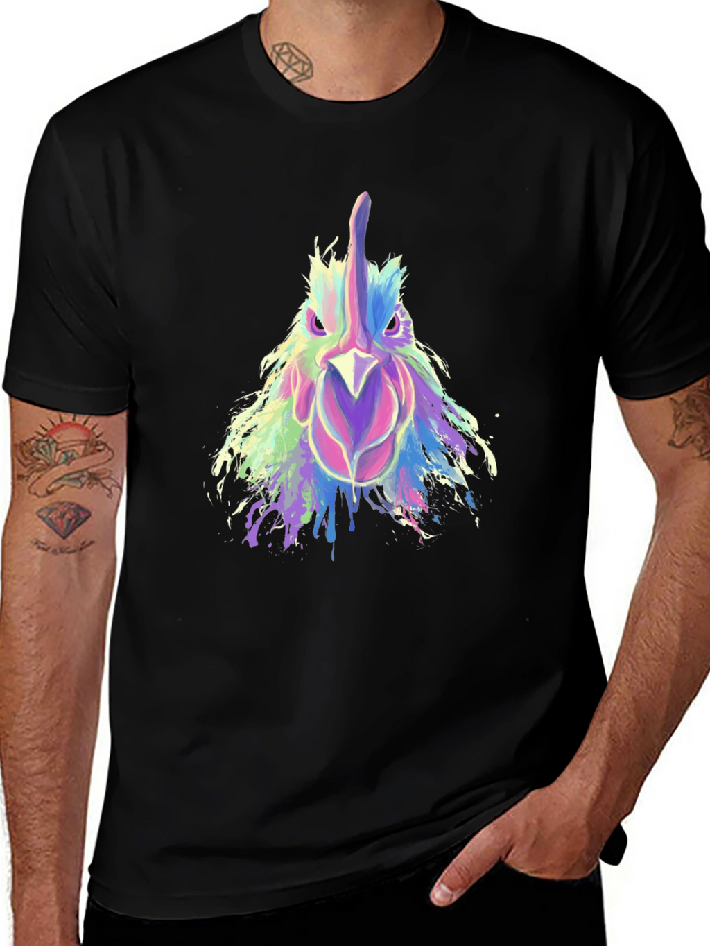 Abstract Rooster Graphic Print Black T-Shirt