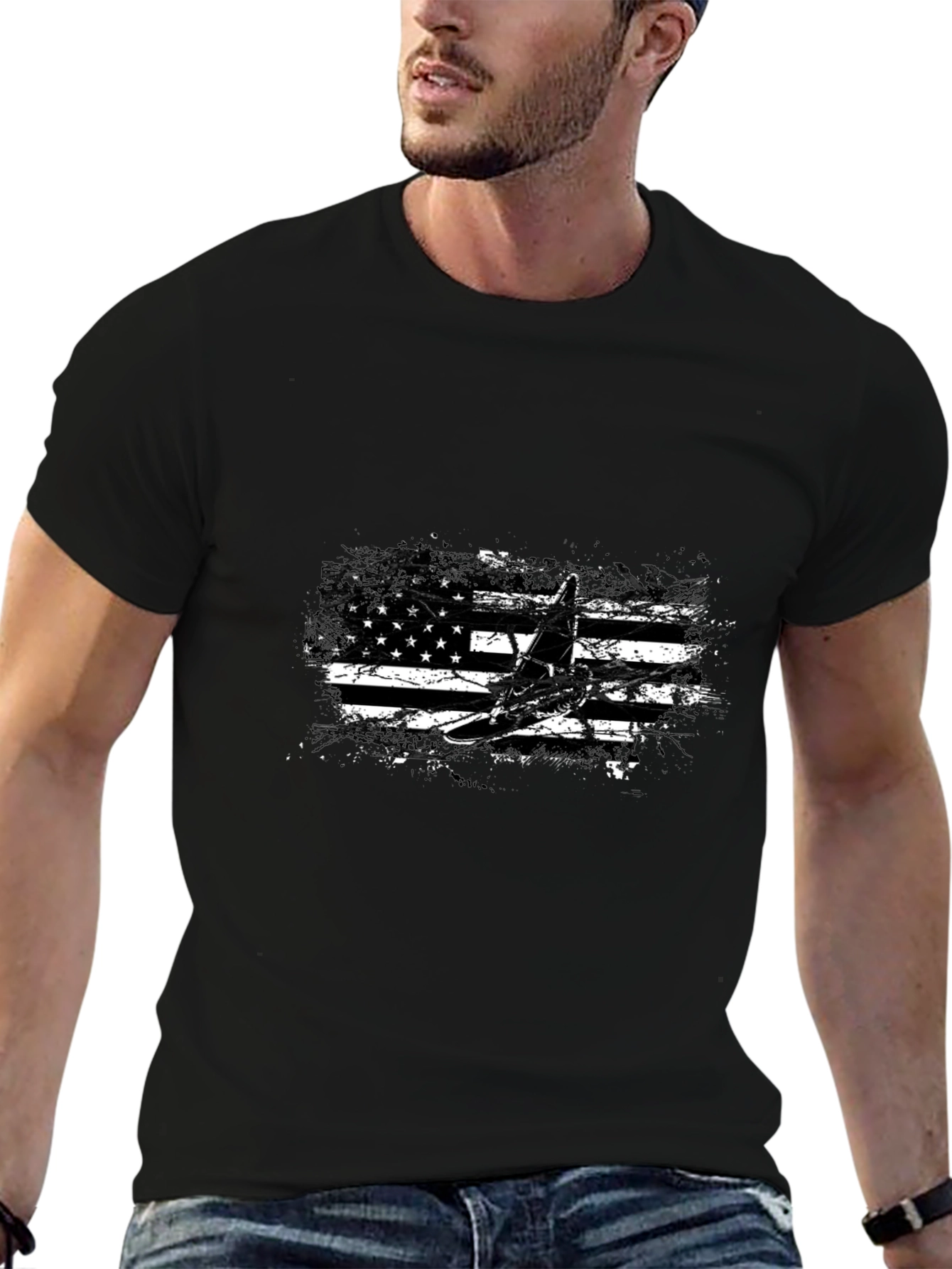 American Flag Airplane Graphic Tee - Black