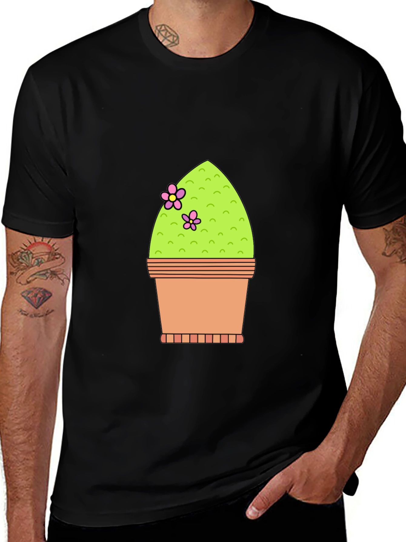 Cactus Flower Pot Graphic Tee - Black Cotton T-Shirt