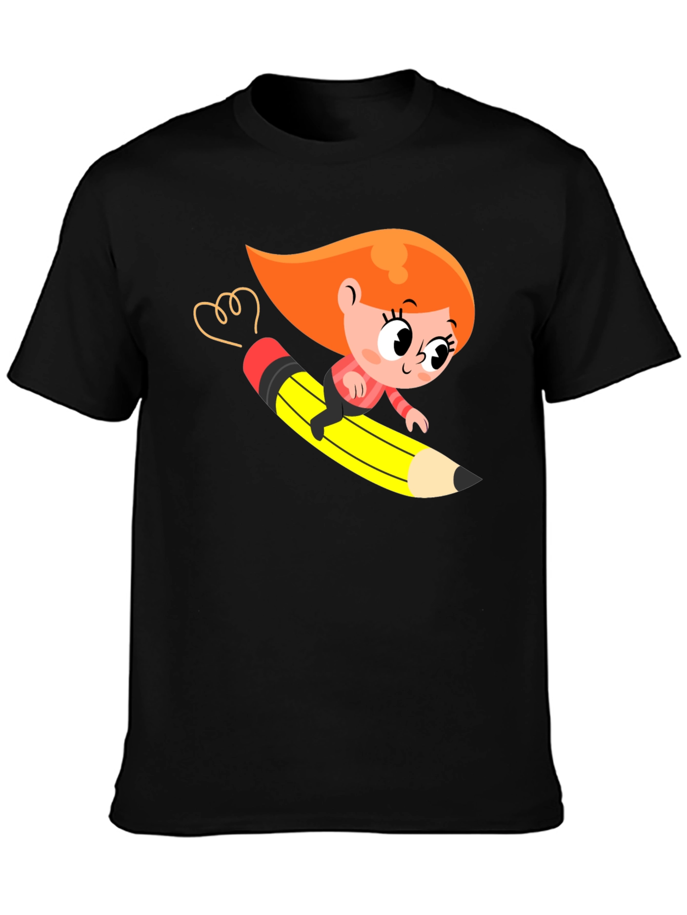 Cartoon Girl Riding Pencil Black T-Shirt