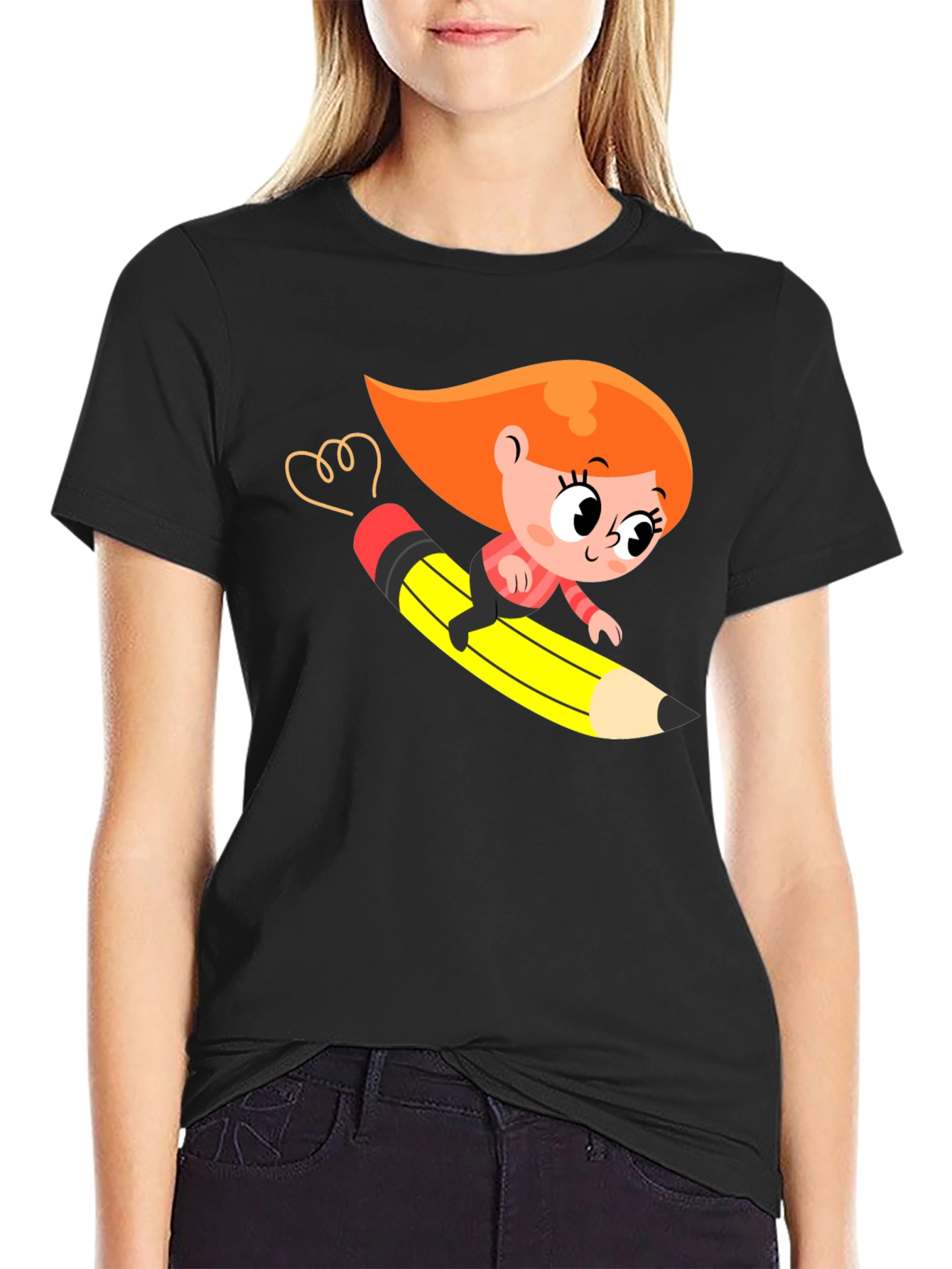 Cartoon Girl Riding Pencil Black T-Shirt