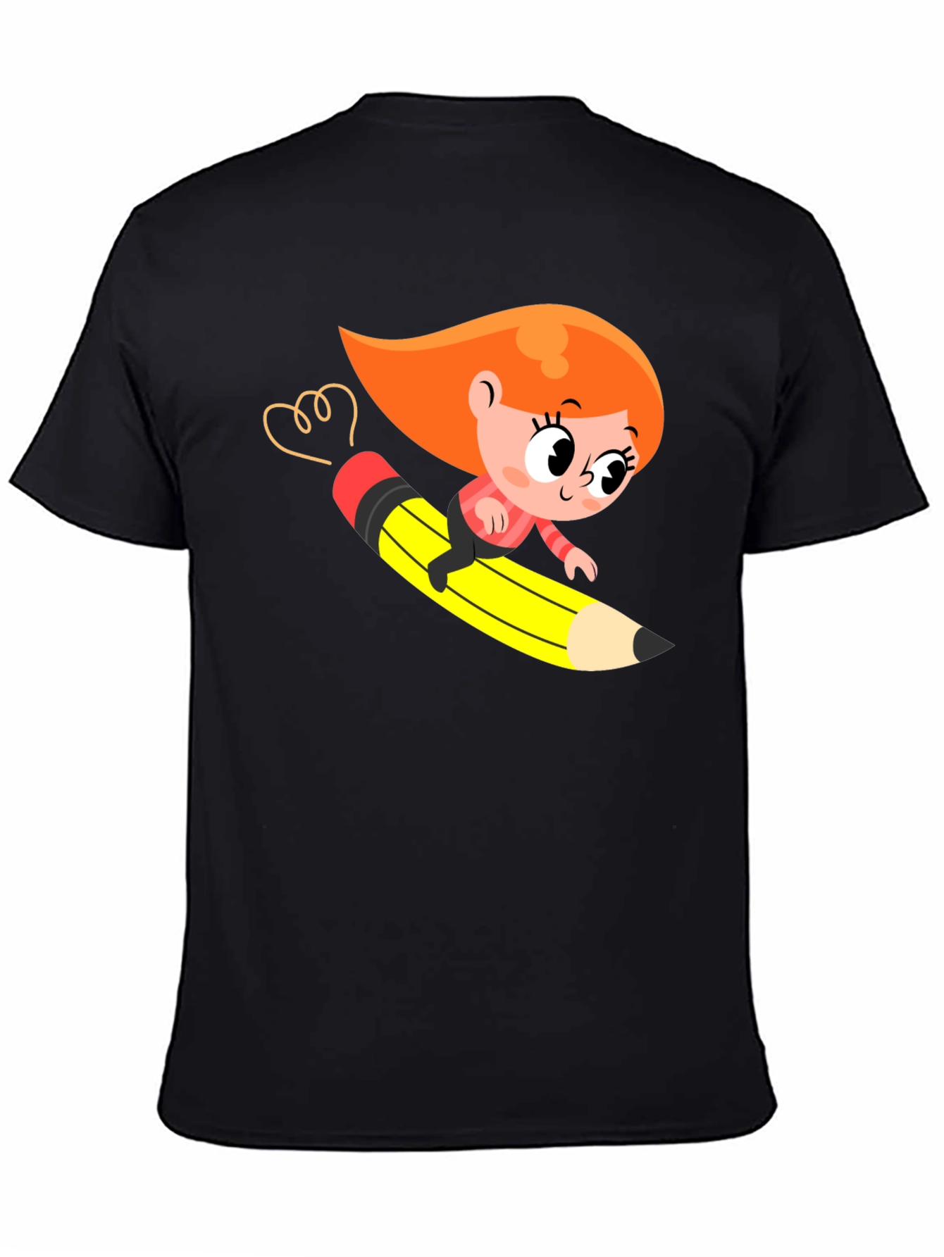 Cartoon Girl Riding Pencil Black T-Shirt