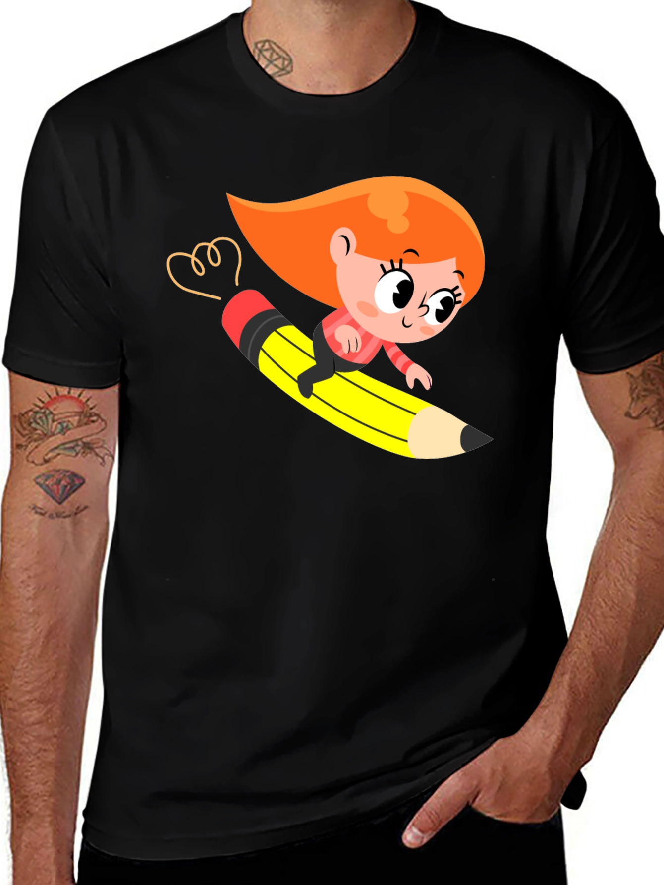 Cartoon Girl Riding Pencil Black T-Shirt